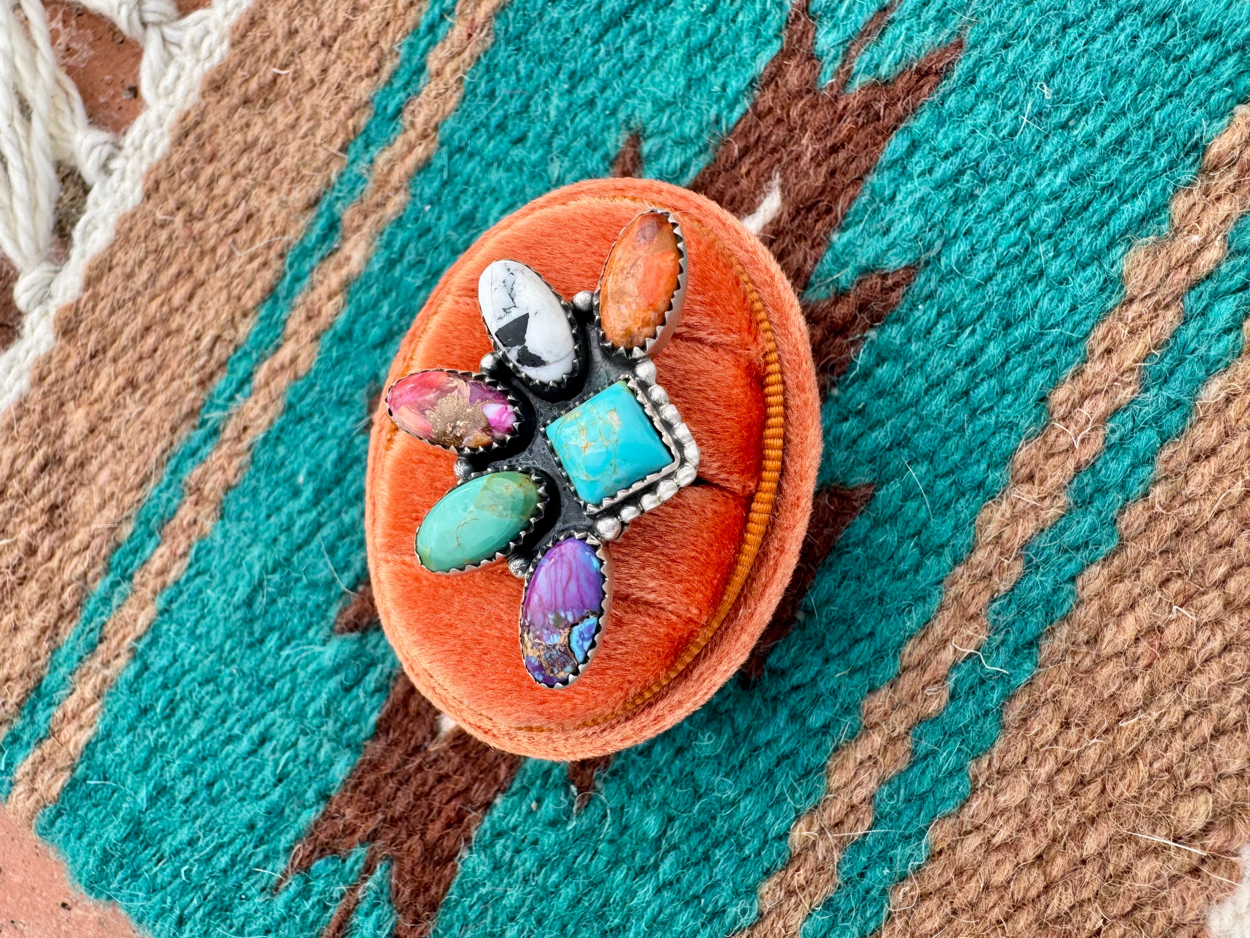 Handmade Multi Stone & Sterling Silver Crescent Adjustable Ring