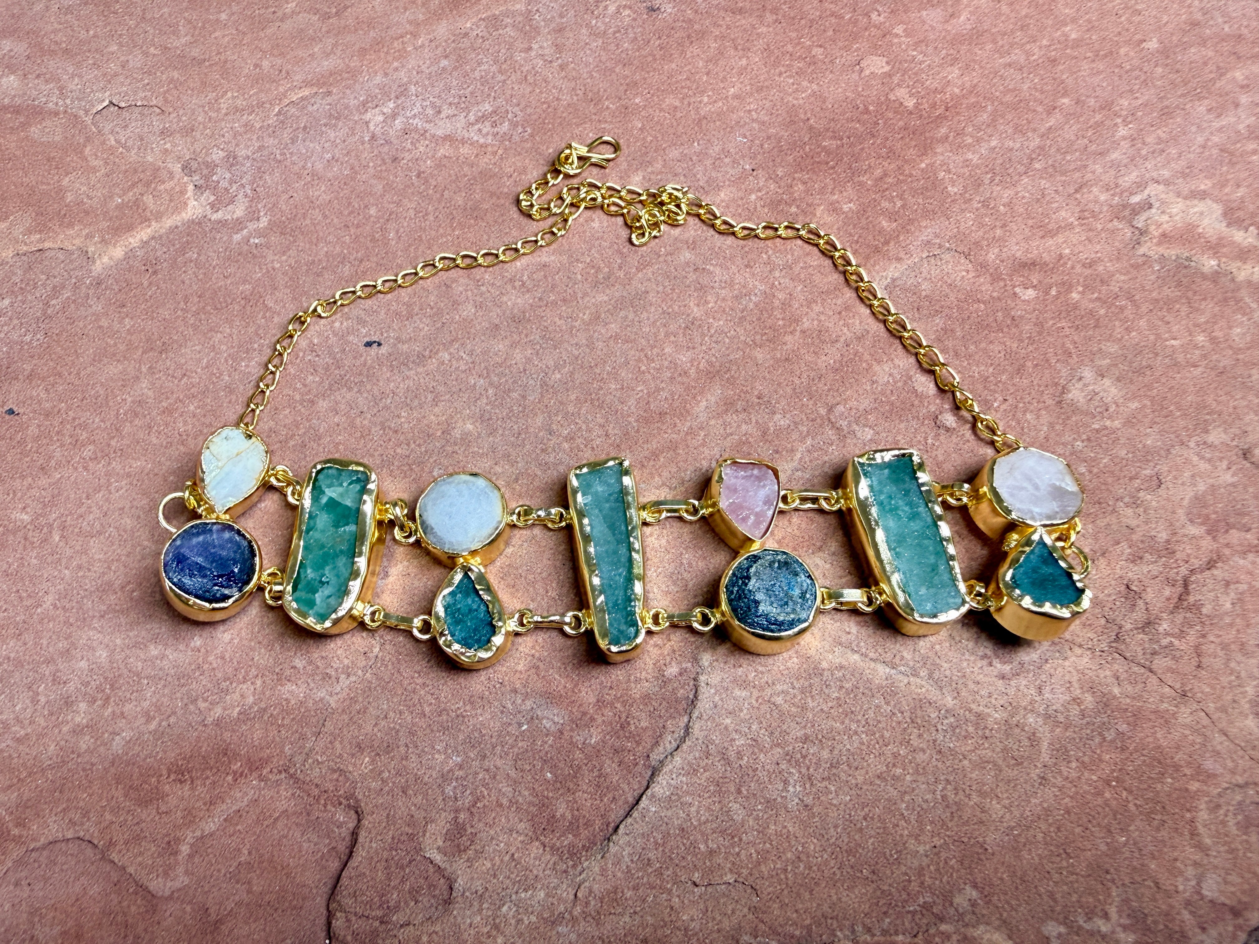 “The Golden Collection” Moonlit Handmade Natural Gem Stone Gold Plated Brass Choker Necklace 14-19”