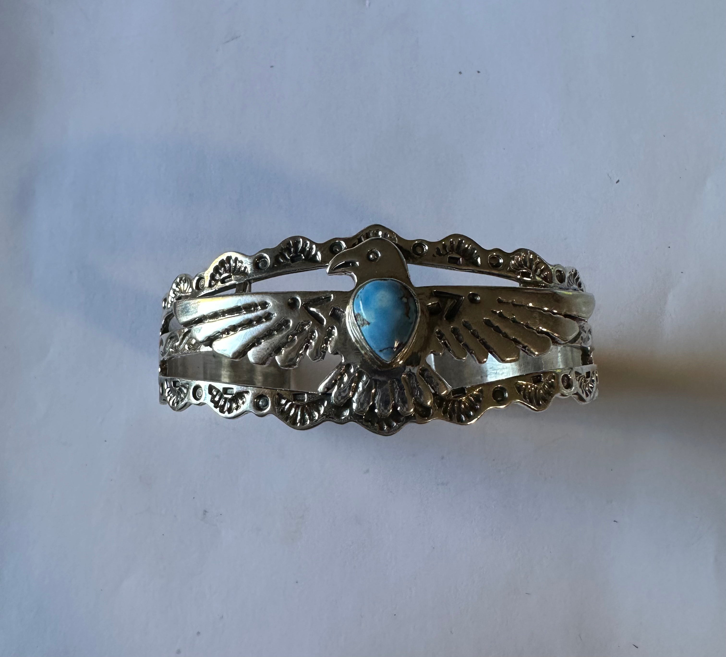 Handmade Sterling Silver Golden Hills Turquoise Thunderbird Cuff Style 3