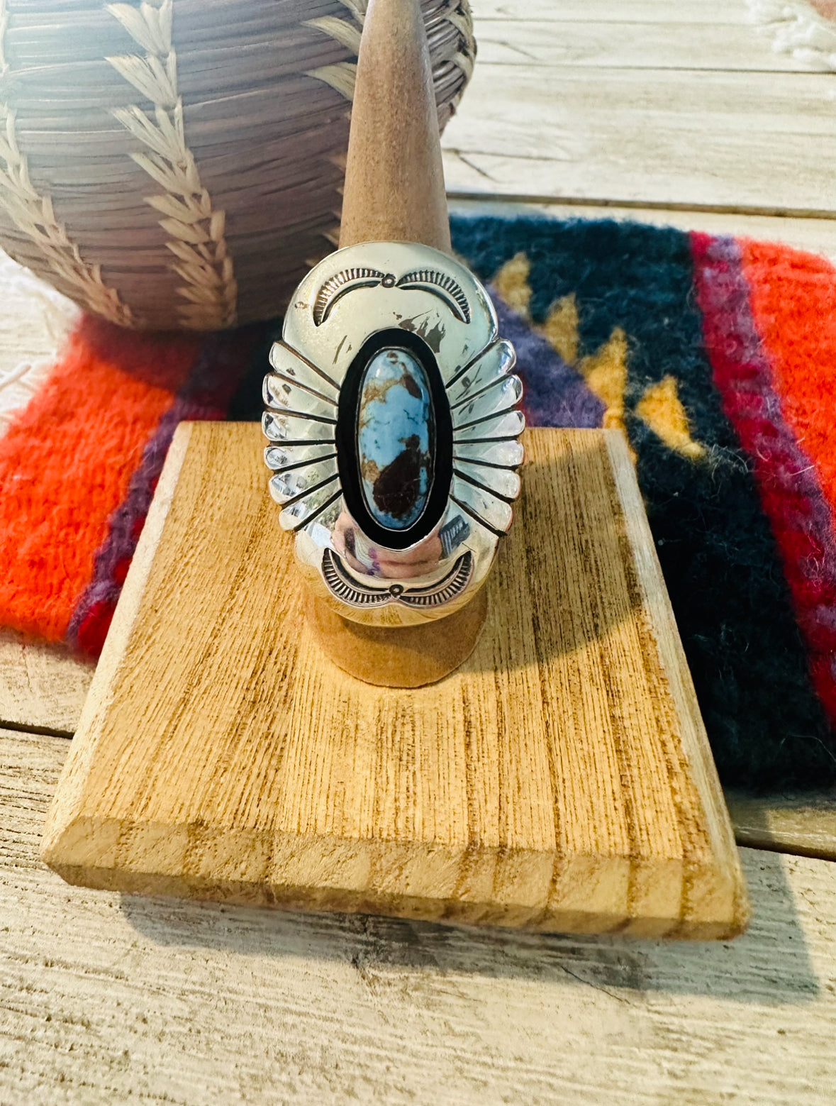 Navajo Golden Hills Turquoise & Sterling Silver Shadowbox Ring Size 7.5