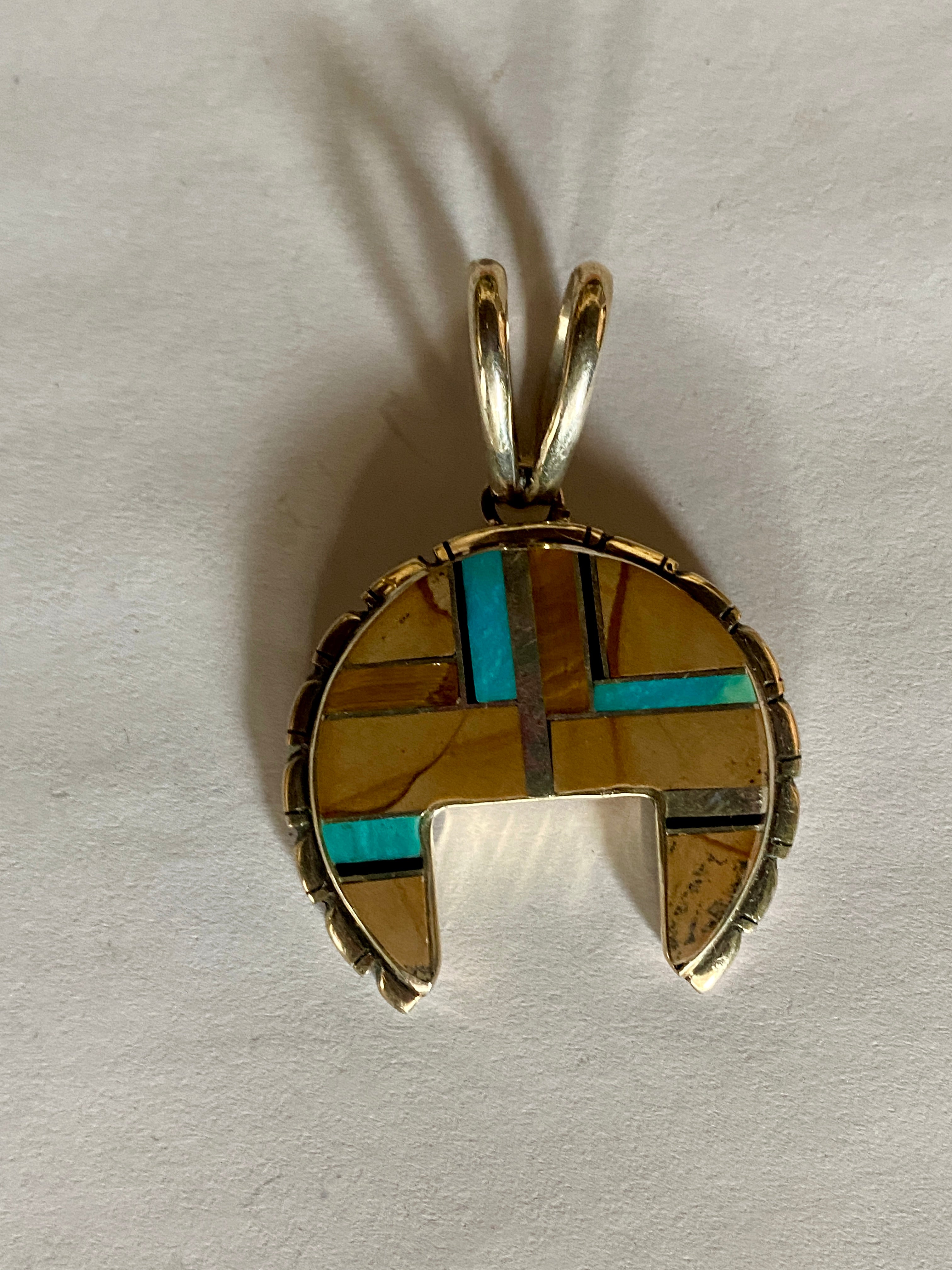 Navajo Turquoise, Onyx, Petrified Wood Naja Pendant