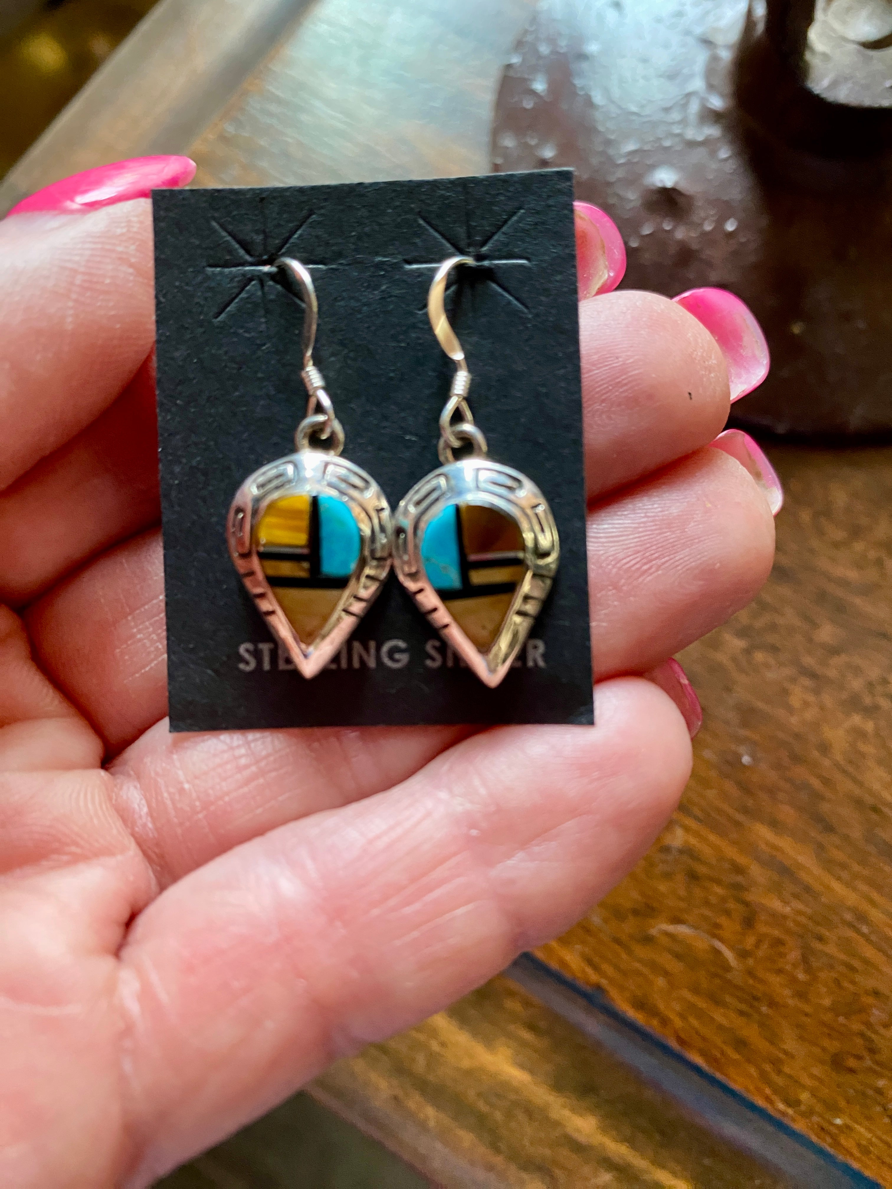 Navajo Turquoise, Onyx, Petrified Wood & Sterling Silver Inlay Drop Dangle Earrings