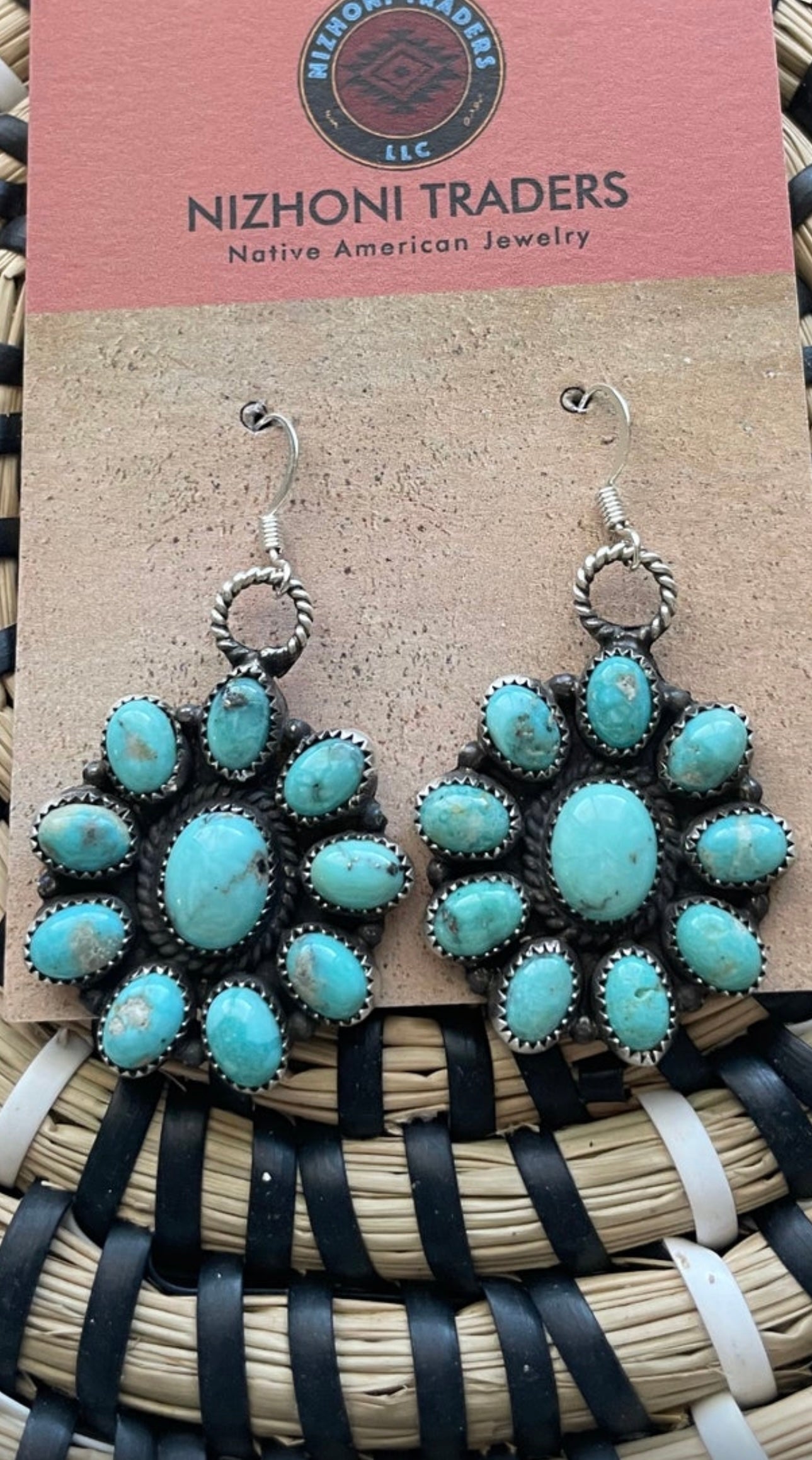 Navajo Sterling Silver & Turquoise Cluster Dangle Earrings Signed