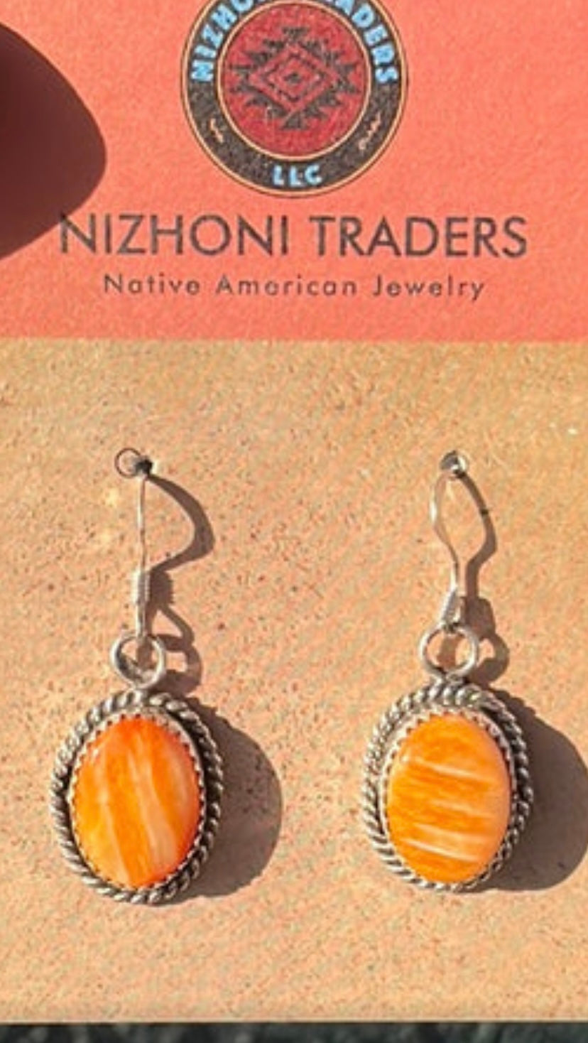 Navajo Orange Spiny & Sterling Silver Dangle Earrings