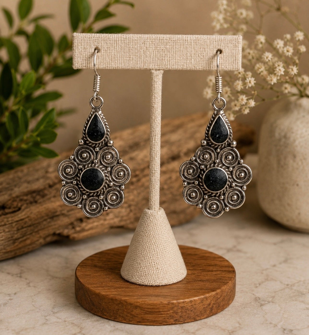 Black Onyx Two-Stone Filigree Dangle Earrings