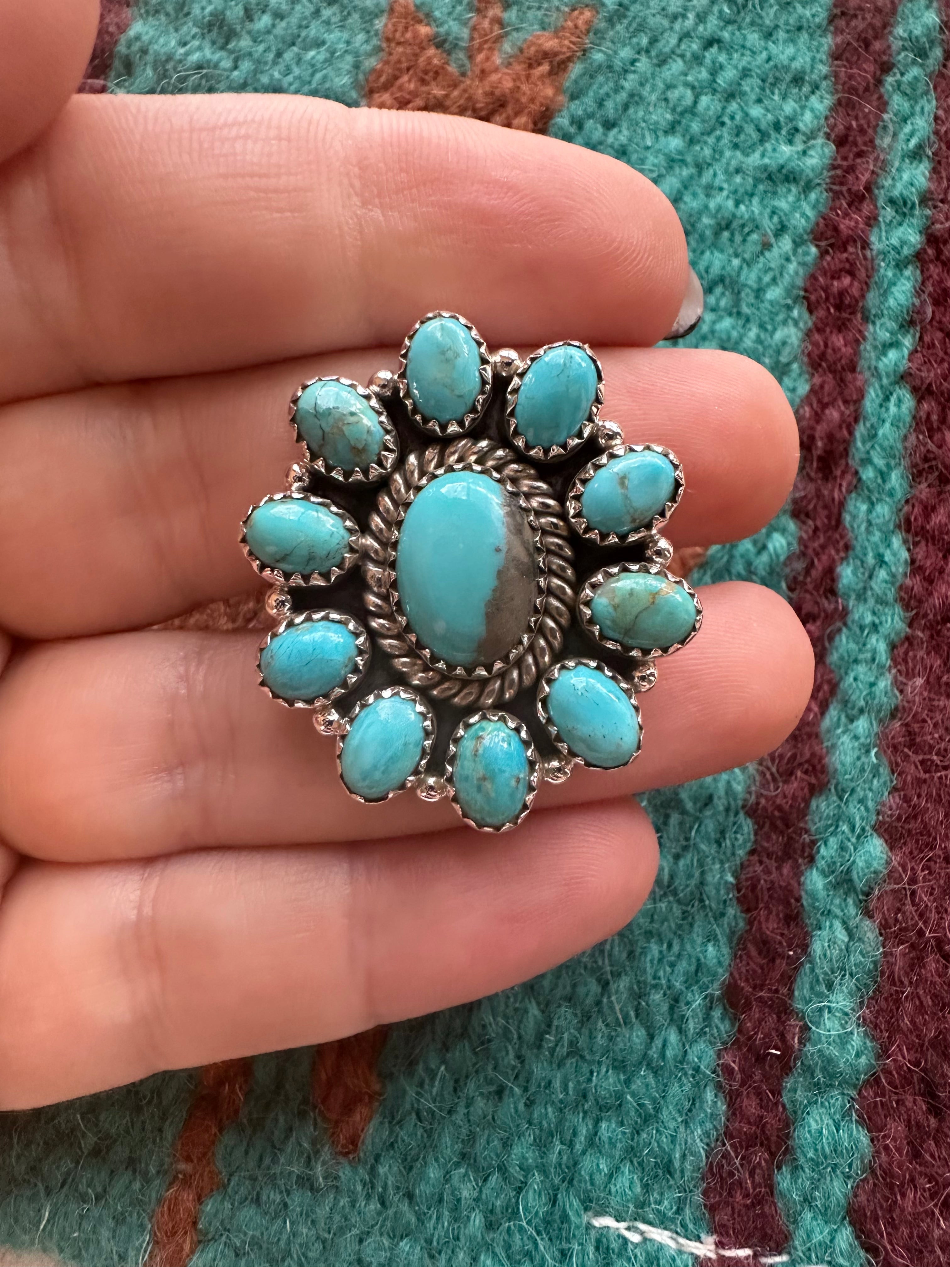 Handmade Turquoise And Sterling Silver Adjustable Petals Cluster Ring