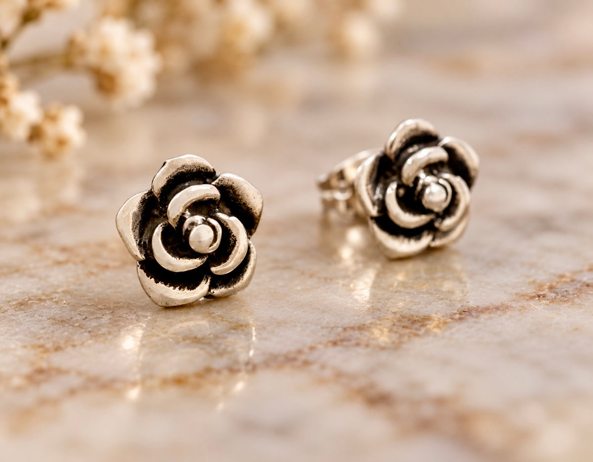 Vintage Style Sterling Silver Flower Stud Earrings
