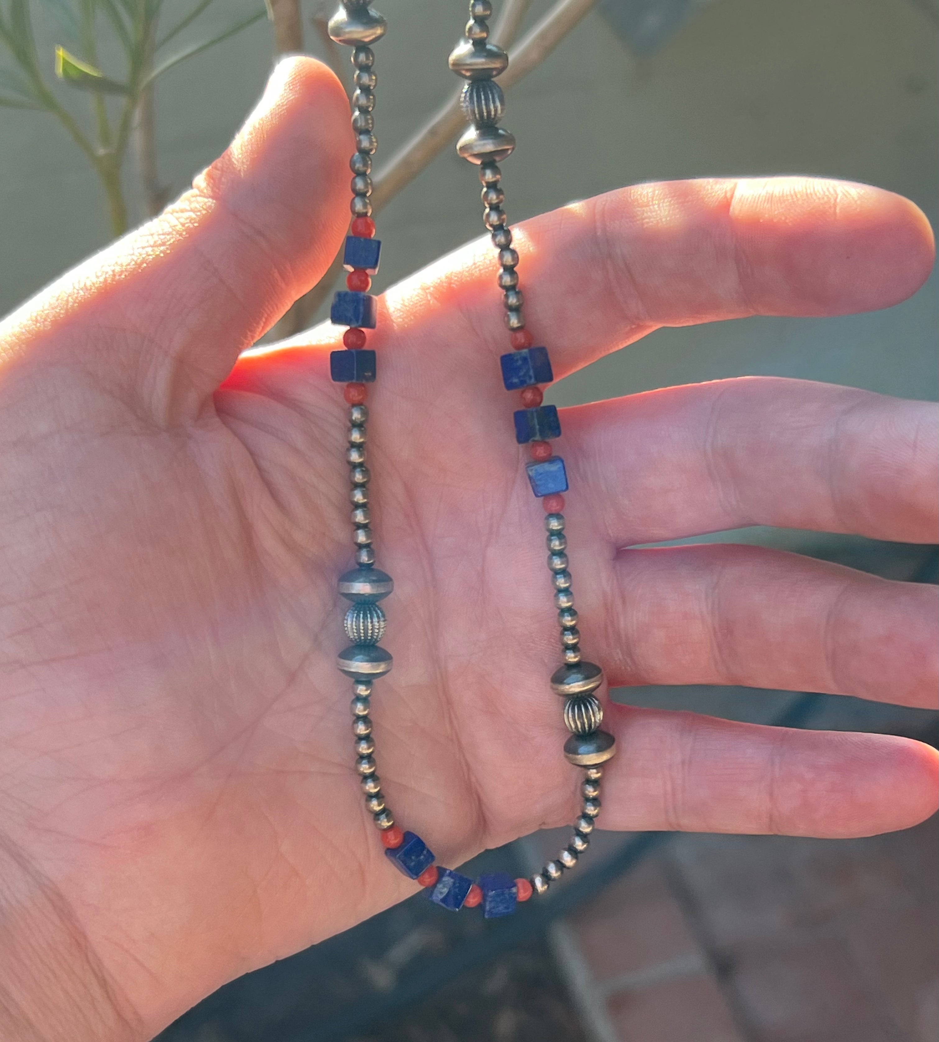 Handmade Coral & Lapis Beaded Sterling Silver Necklace