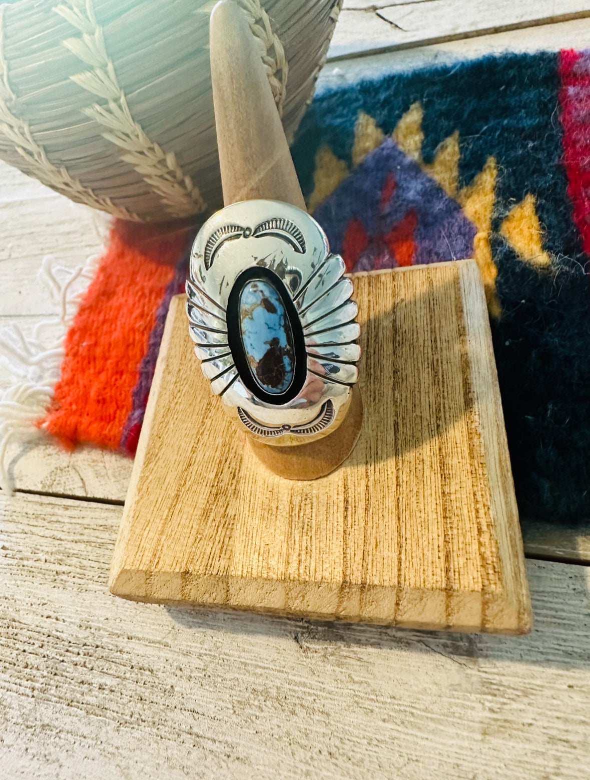 Navajo Golden Hills Turquoise & Sterling Silver Shadowbox Ring Size 7.5