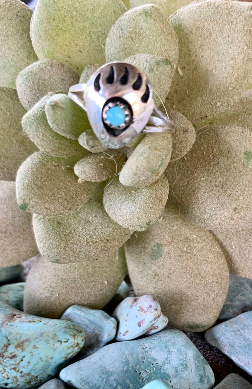 Zuni Sterling Silver Turquoise Bear Paw Ring CA