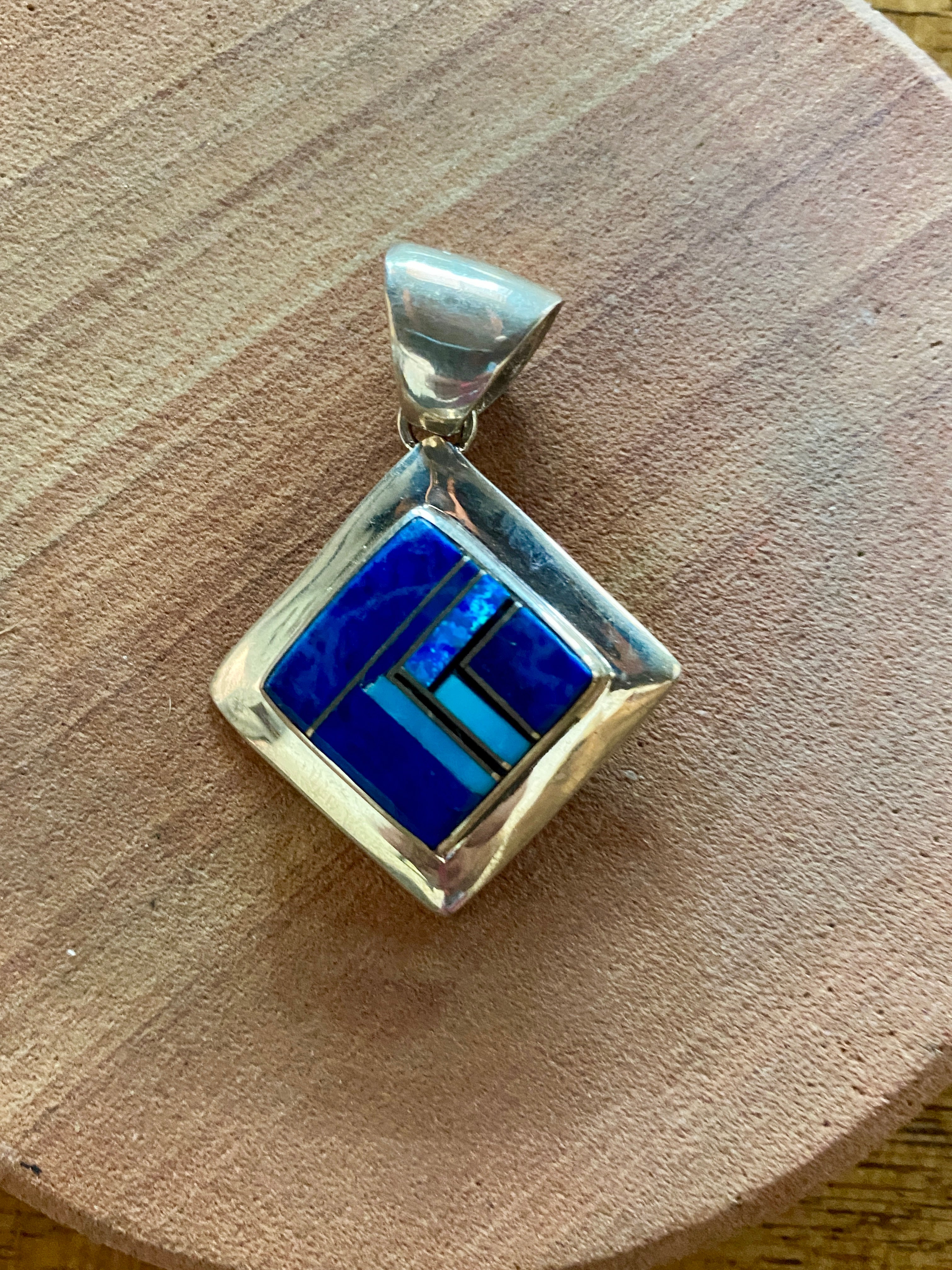 Navajo Lapis, Turquoise, Blue Opal Square Pendant