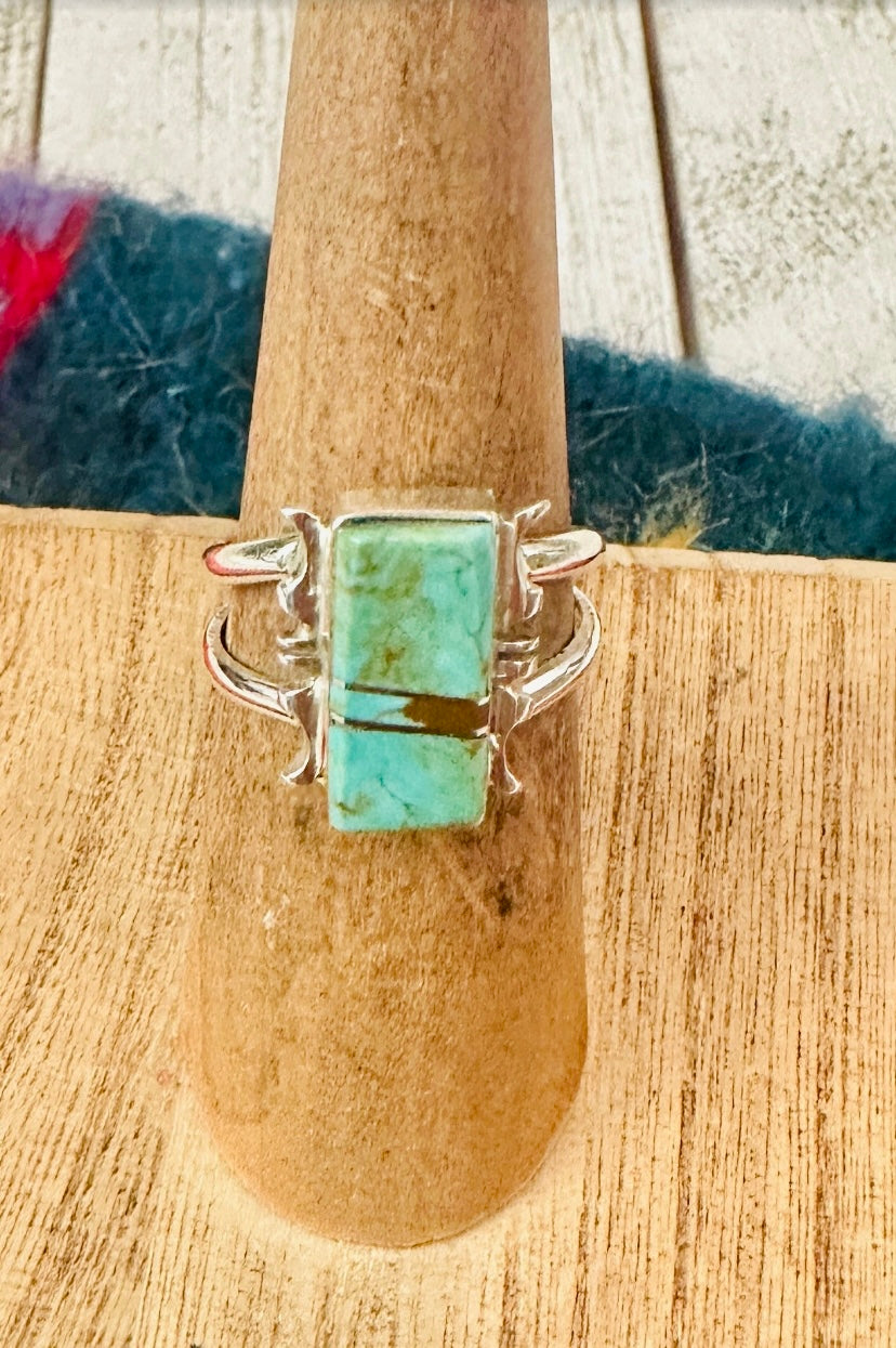 Navajo Sterling Silver & Turquoise Inlay Rectangle Ring