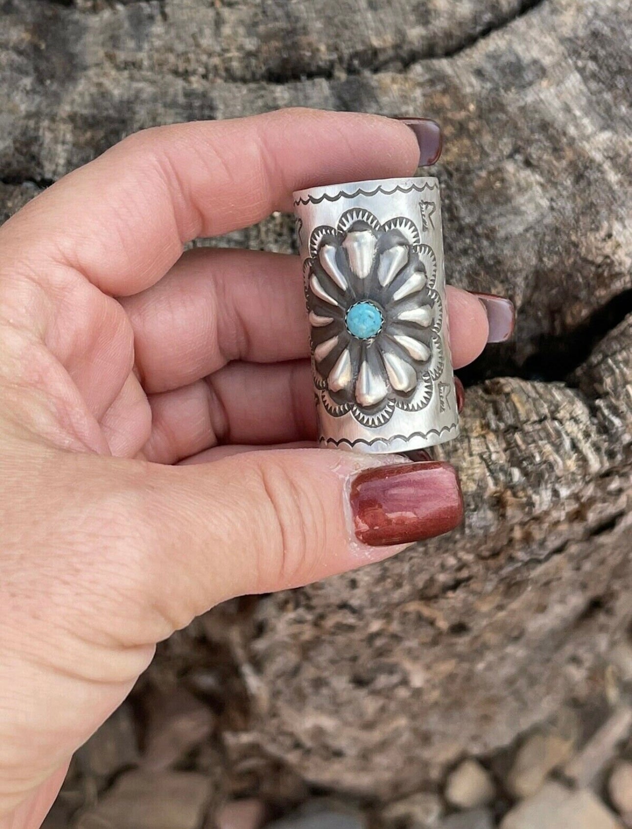 Navajo Sterling and Turquoise Southwest Hand Stamped Hair Ponytail / Braid Accessory 2 inch