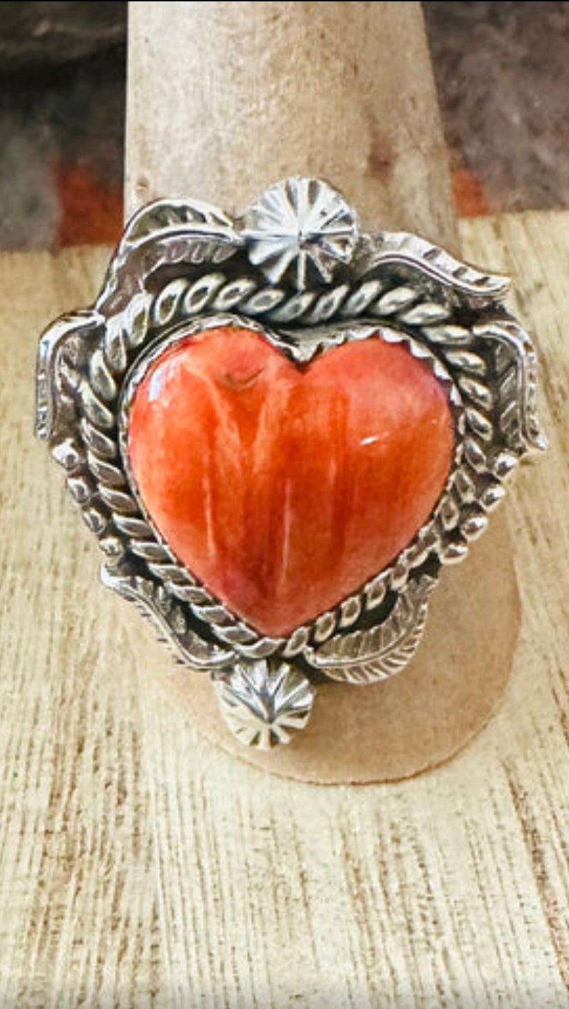 Handmade Sterling Silver & Orange Spiny Heart Adjustable Ring