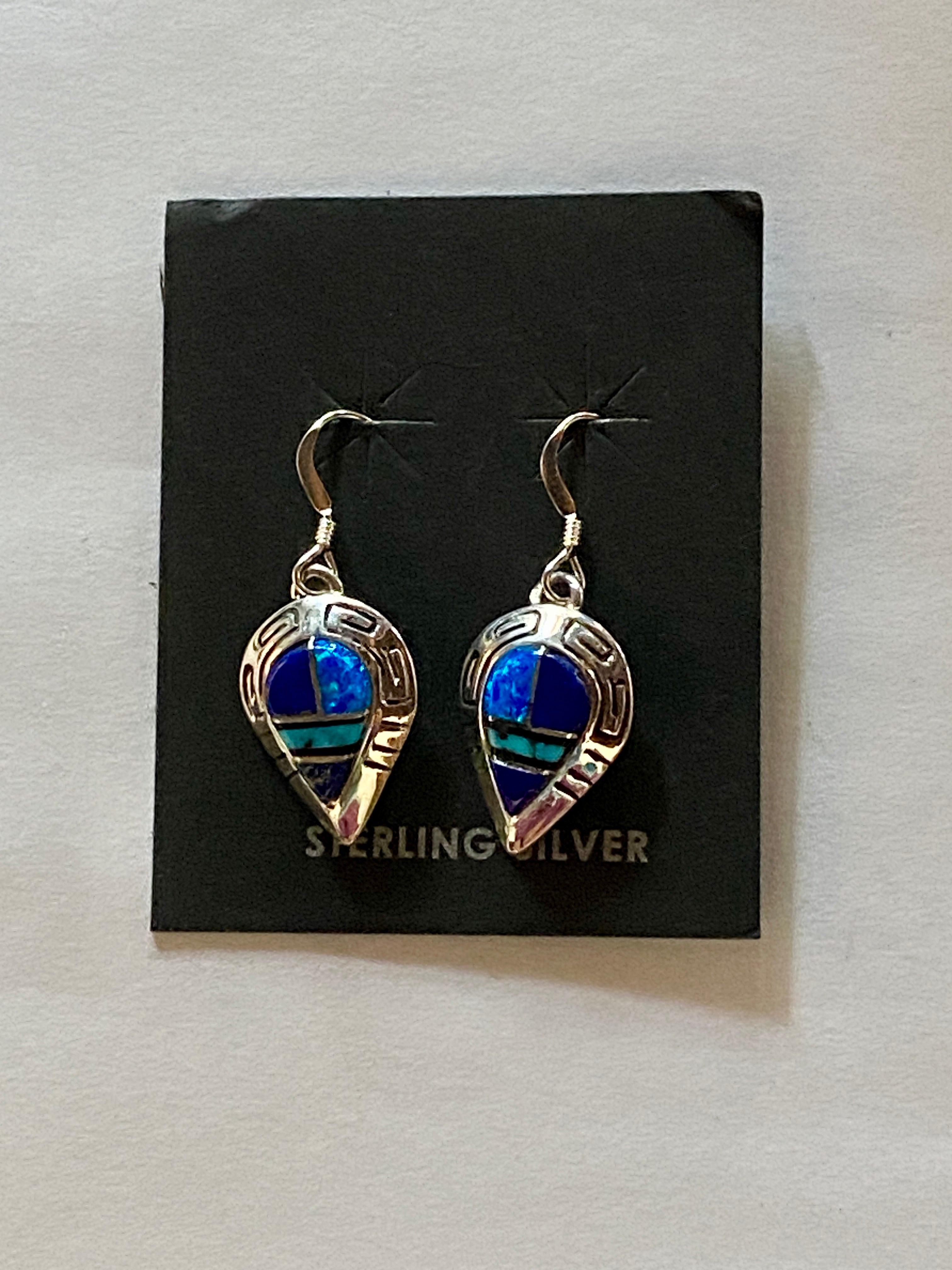 Navajo Lapis, Turquoise, Blue Opal Sterling silver Drop Dangle Earrings