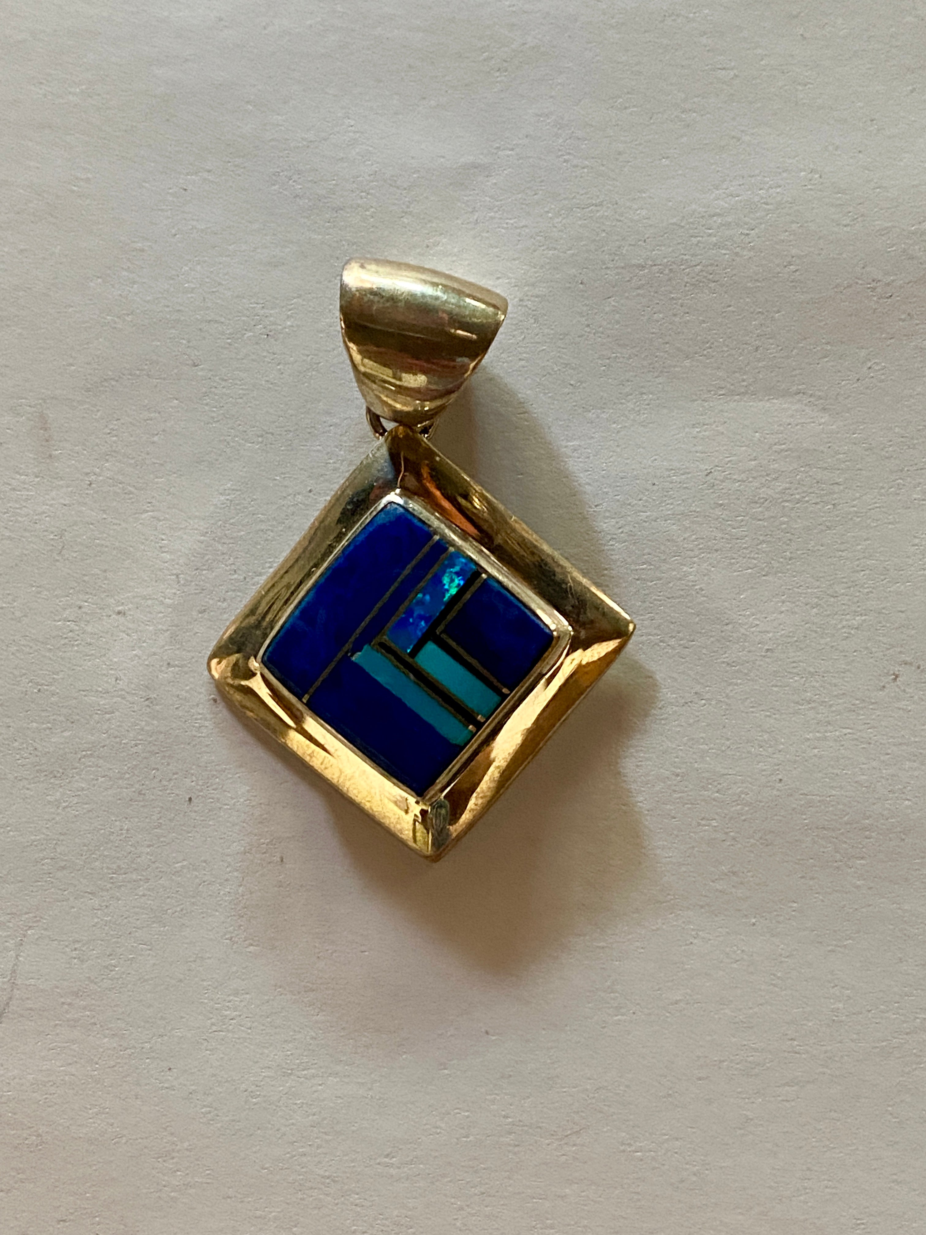 Navajo Lapis, Turquoise, Blue Opal Square Pendant