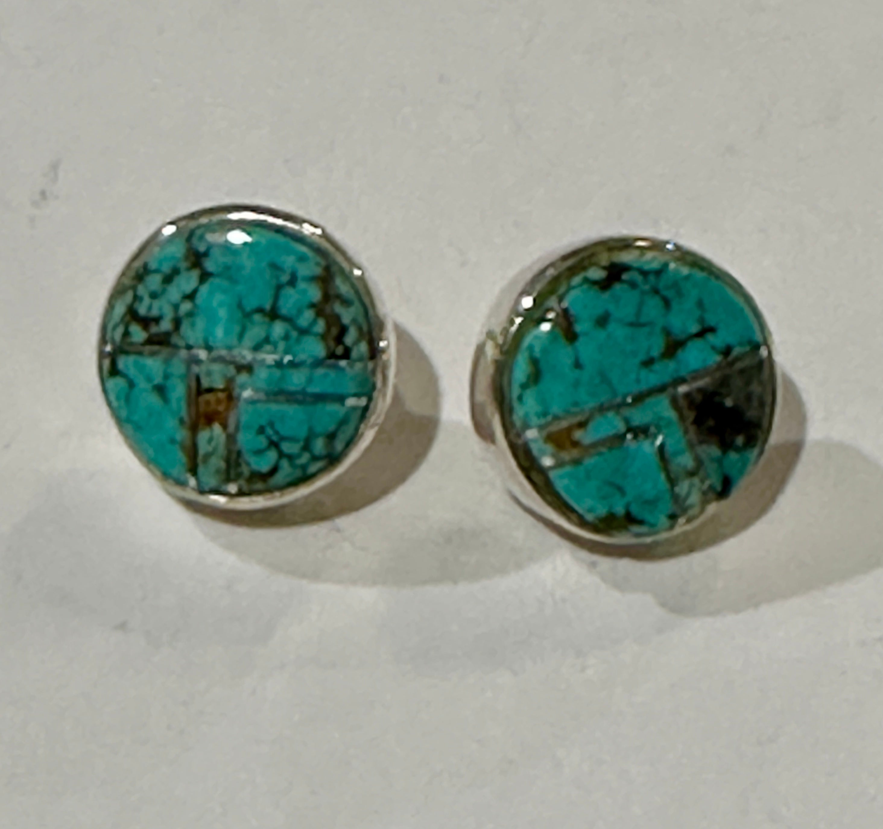 Navajo Turquoise 8 more Matrix & Sterling Silver button Stud Earrings set 2