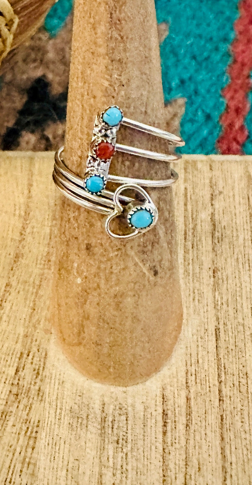 Zuni Turquoise, Coral & Sterling Silver Heart Adjustable Ring