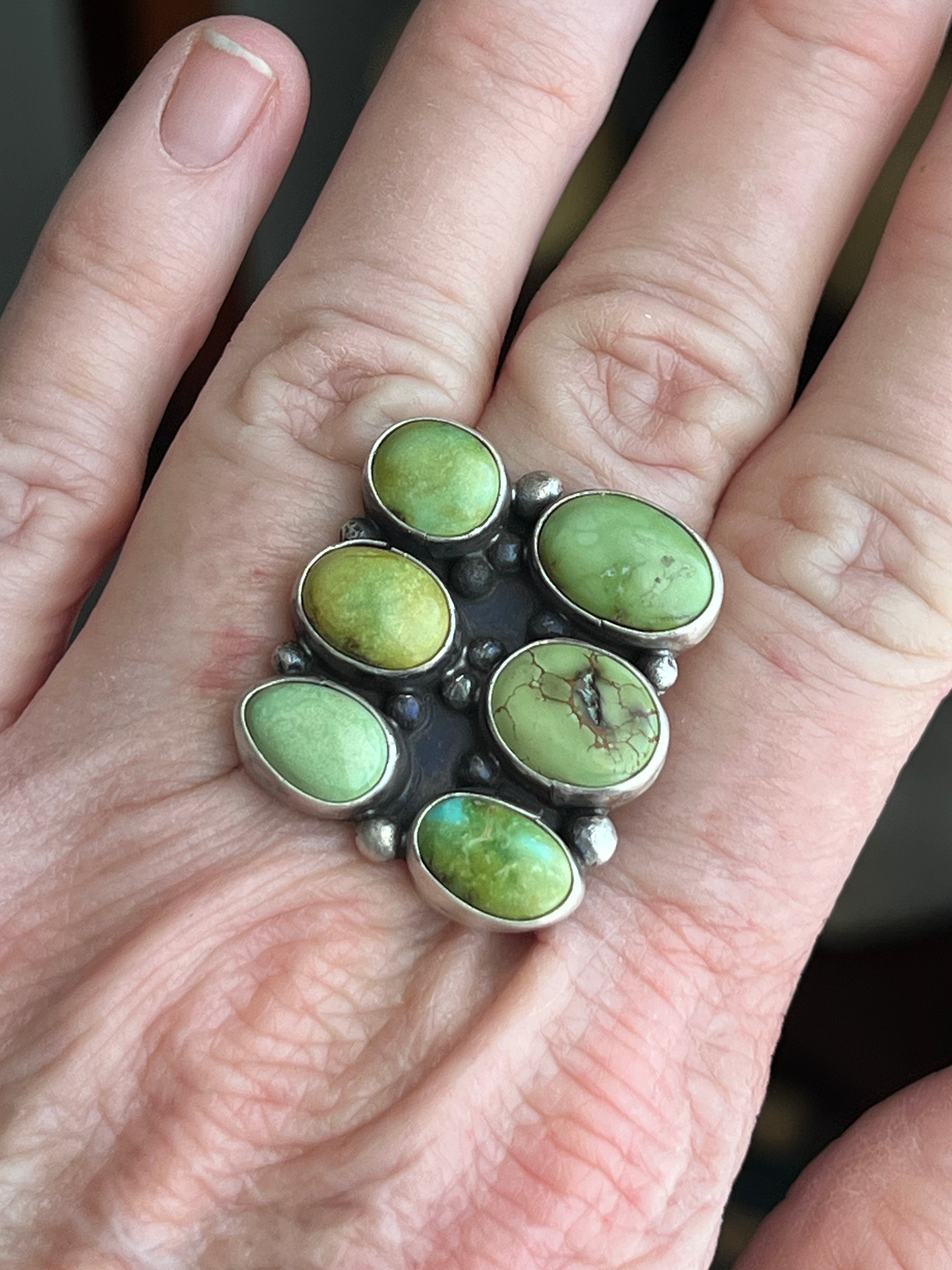 Handcrafted Sterling Silver and Sonoran Gold Turquoise Cluster Rings by Travis Jim, Size 8