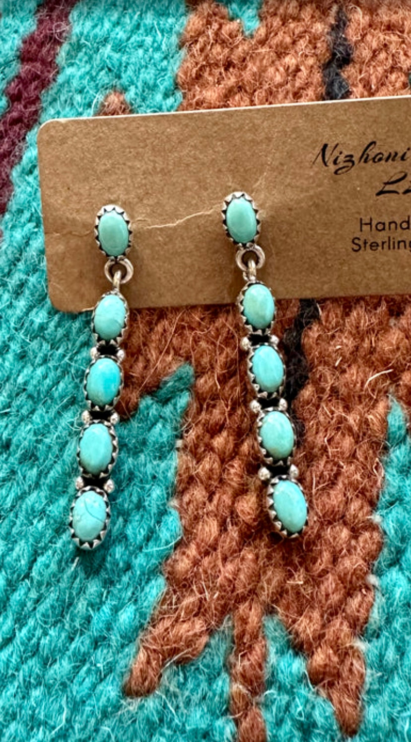 5 Stone Natural Royston Turquoise and Sterling Silver Dangles