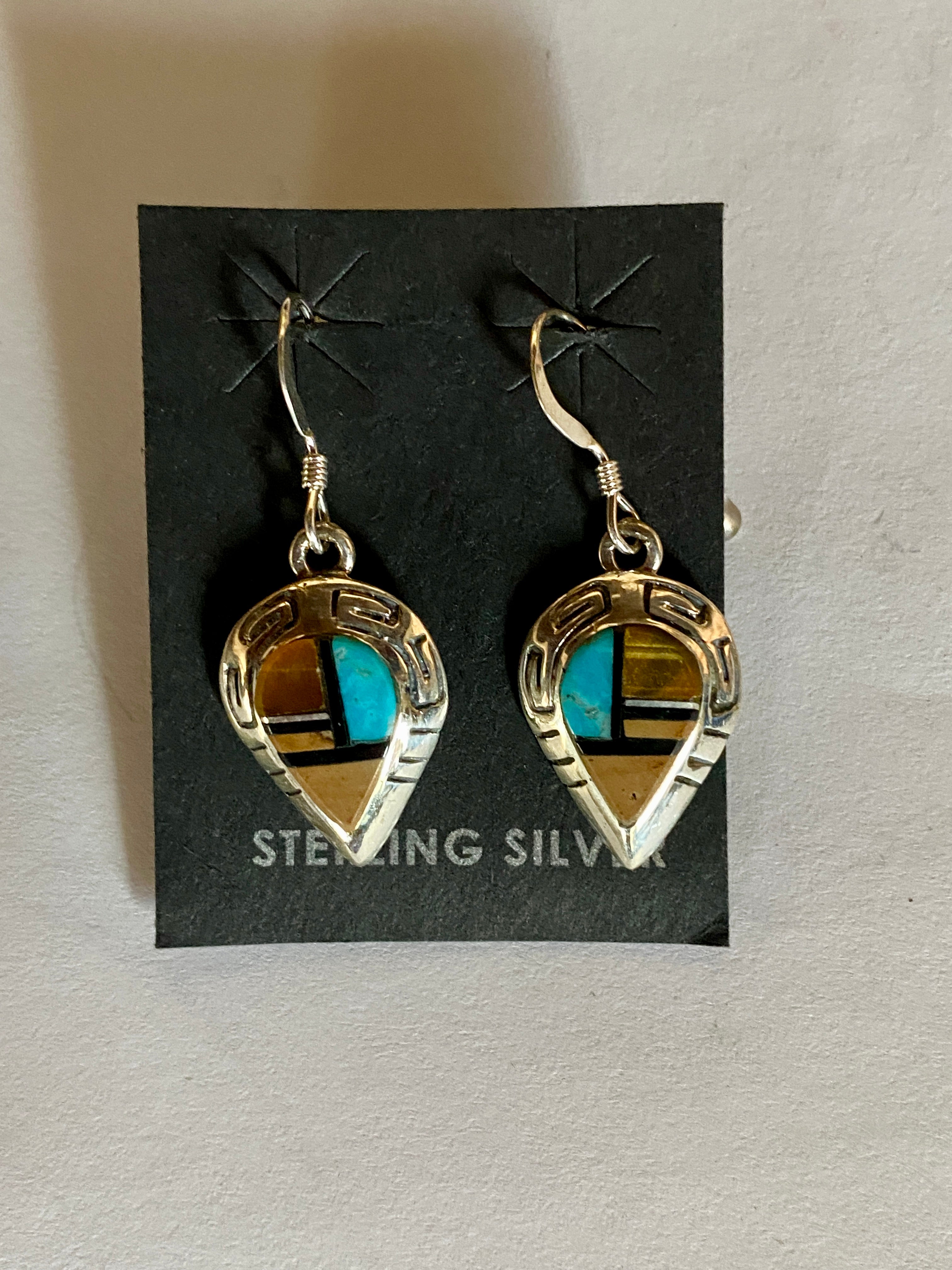 Navajo Turquoise, Onyx, Petrified Wood & Sterling Silver Inlay Drop Dangle Earrings