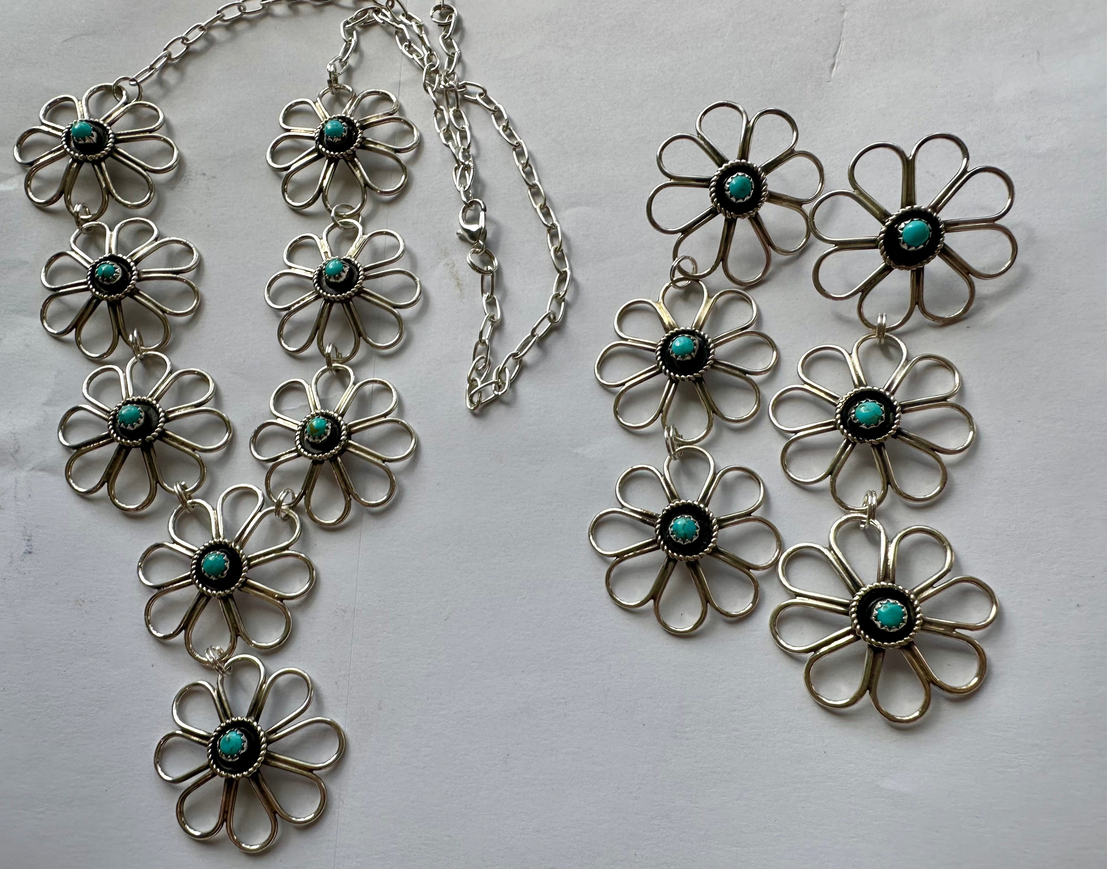 Navajo Sterling Silver & Turquoise Flower Necklace Earring Set