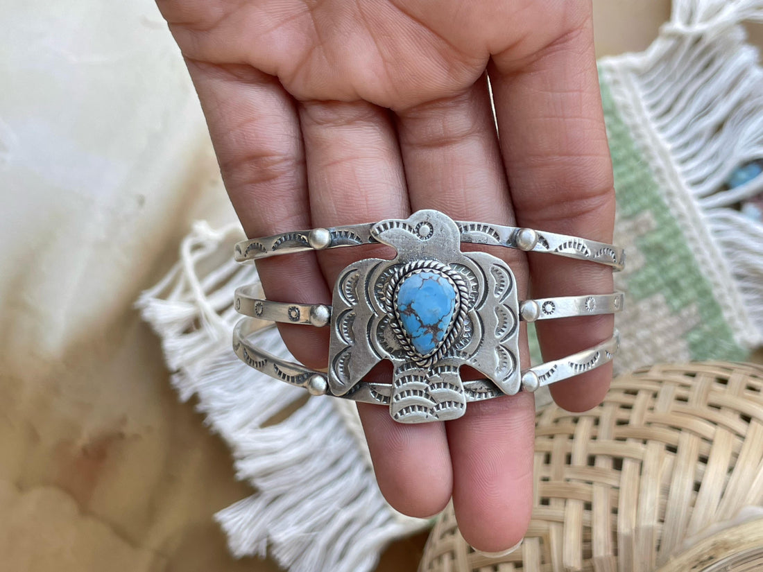 Handmade Sterling silver thunderbird Cuff Bracelet, Options-Golden Hills, Number 8, Sonoran Mountain, Red Dahlia Rose, Cuff Signed Nizhoni