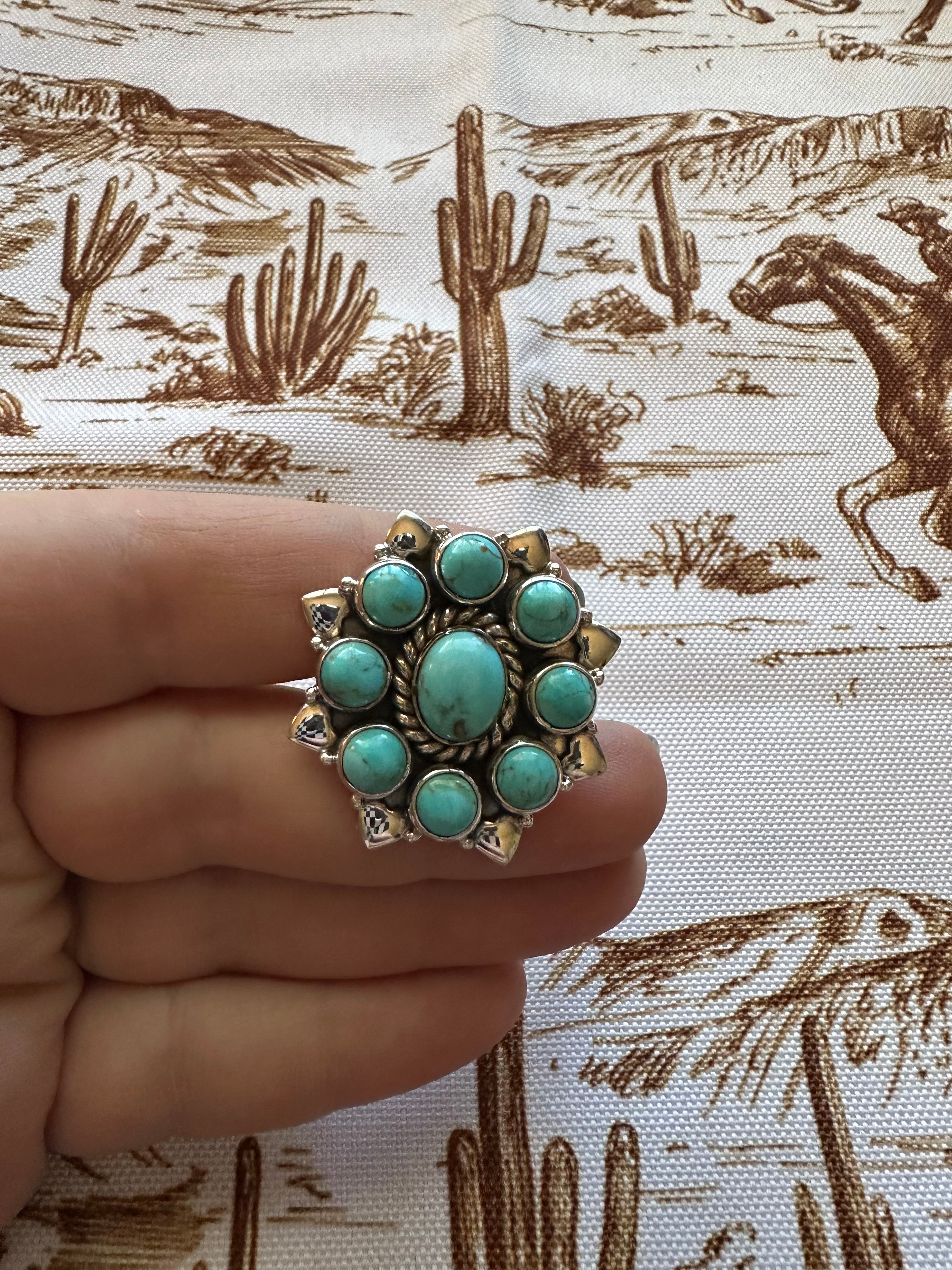 NFR COLLECTION Handmade Turquoise & Sterling Silver Adjustable Ring Signed Nizhoni