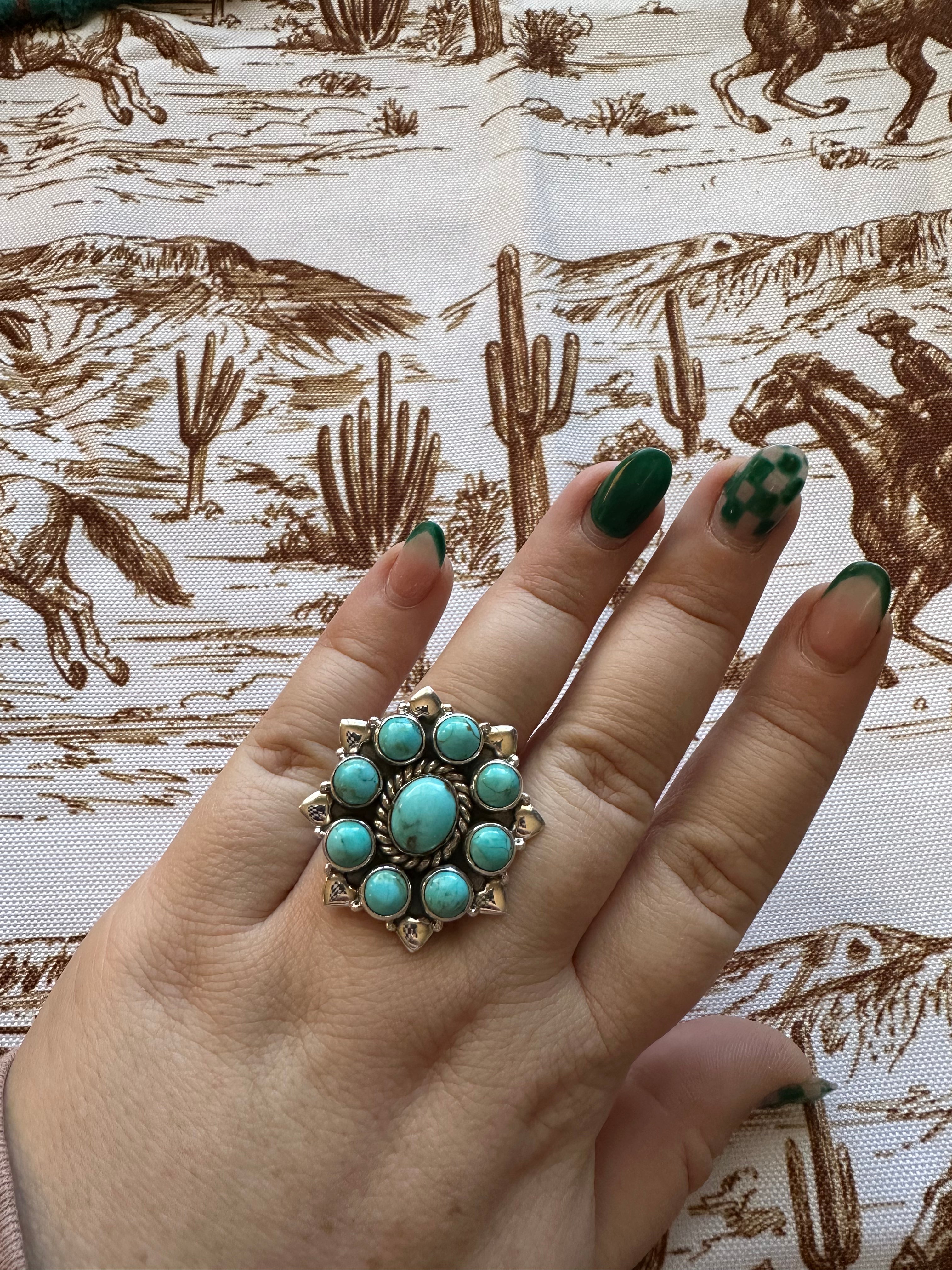 NFR COLLECTION Handmade Turquoise & Sterling Silver Adjustable Ring Signed Nizhoni