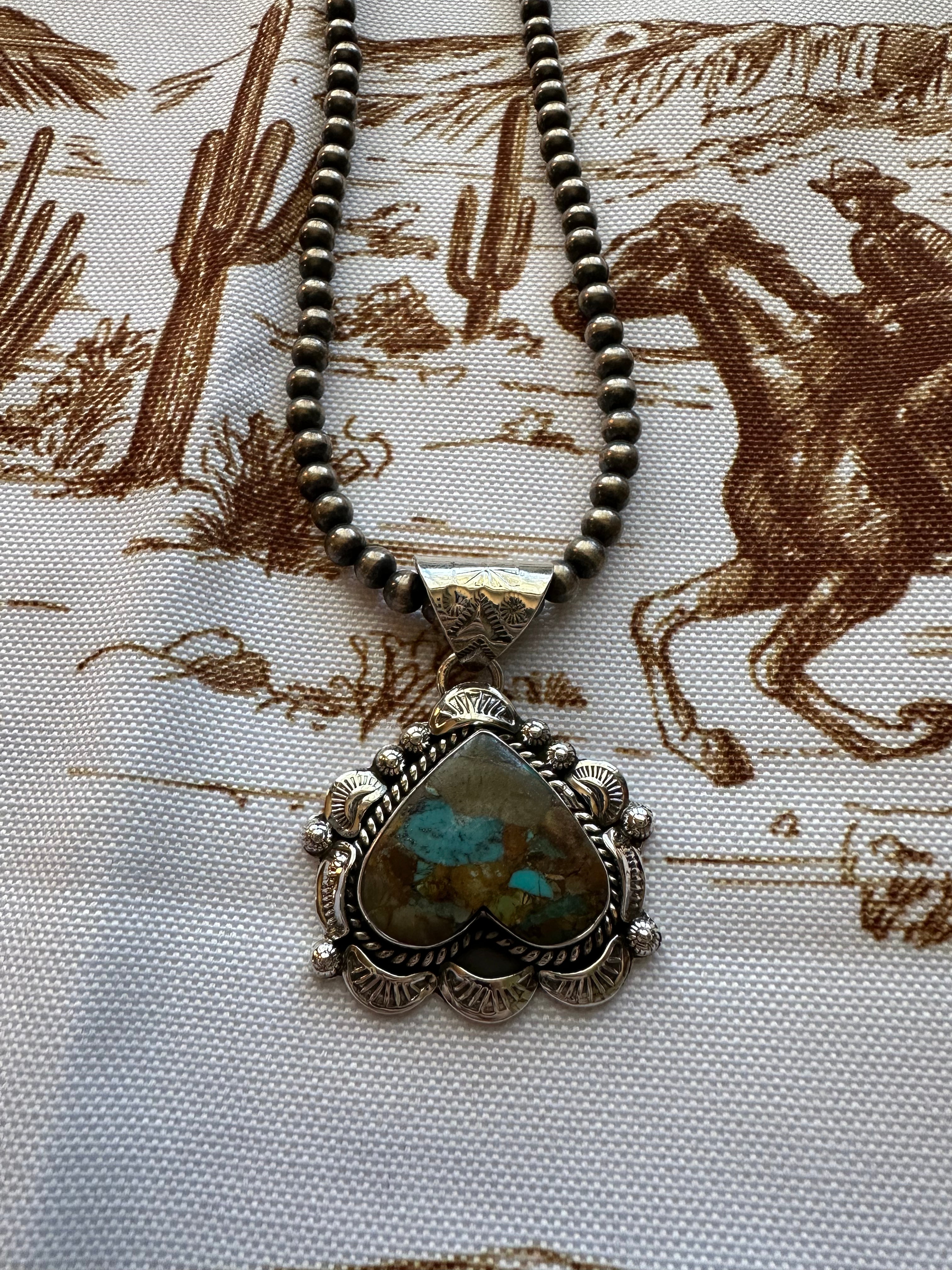 NFR COLLECTION Handmade Turquoise & Sterling Silver Heart Pendant Signed Nizhoni