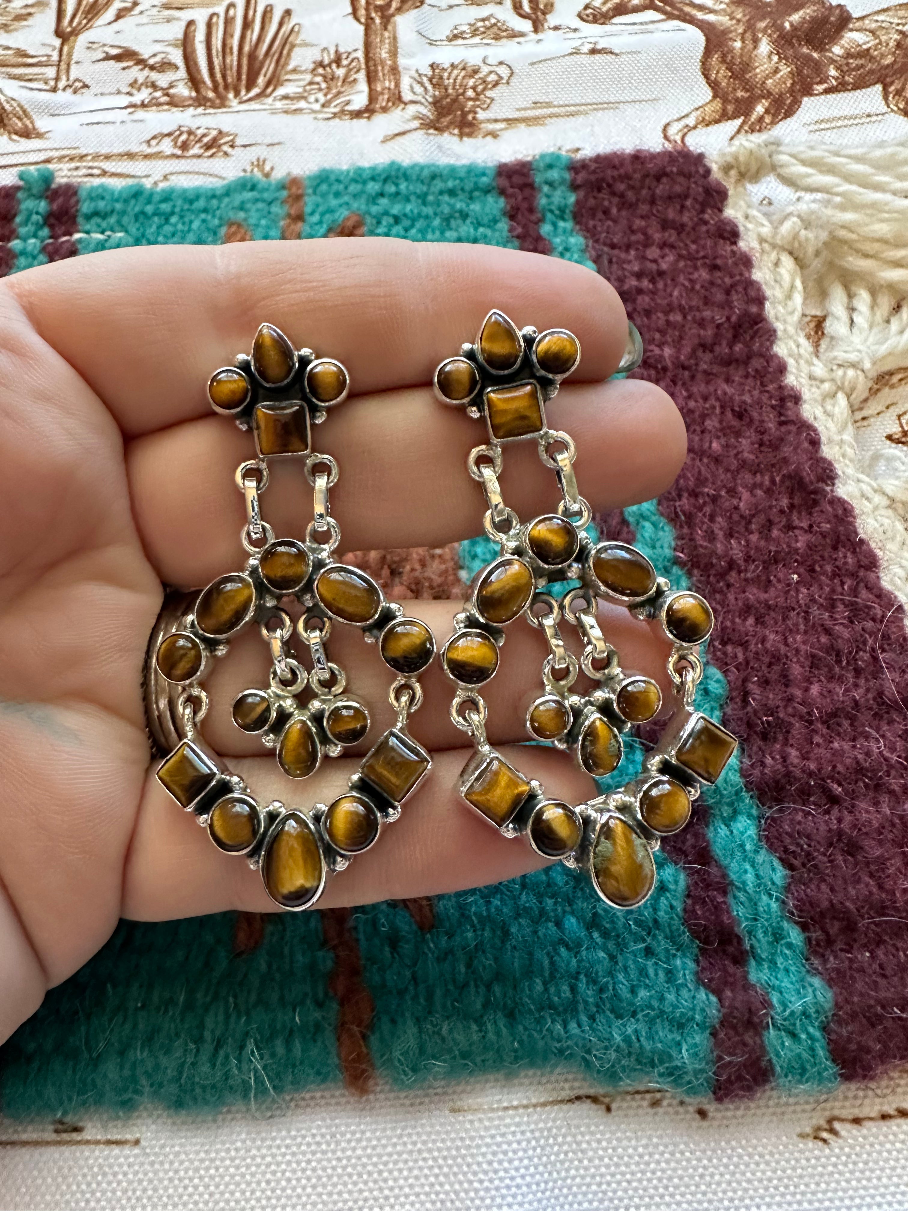 NFR COLLECTION Handmade Tigers Eye  & Sterling Silver Dangle Earrings