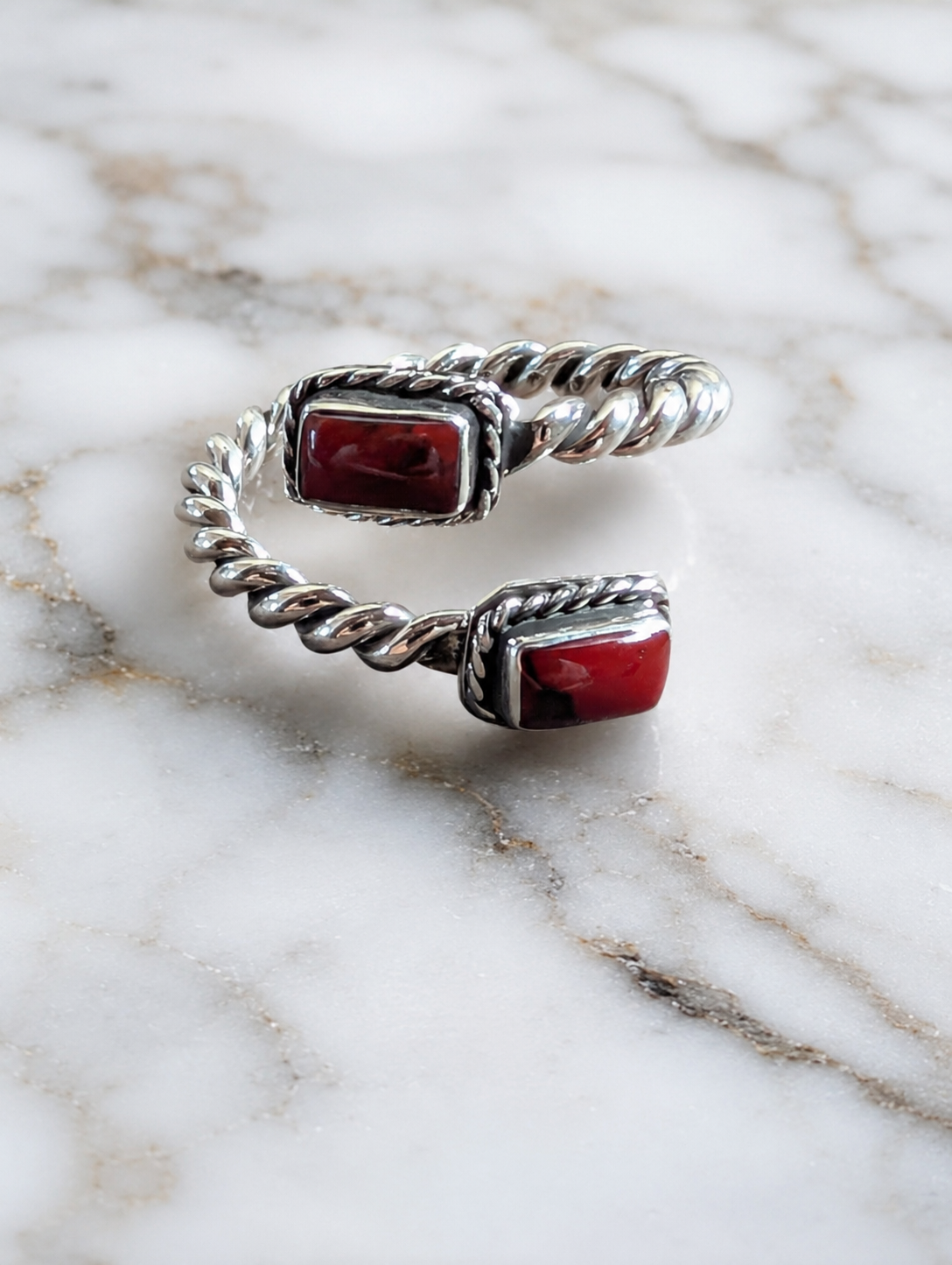 Red Jasper Two Stone Sterling Silver Adjustable Ring