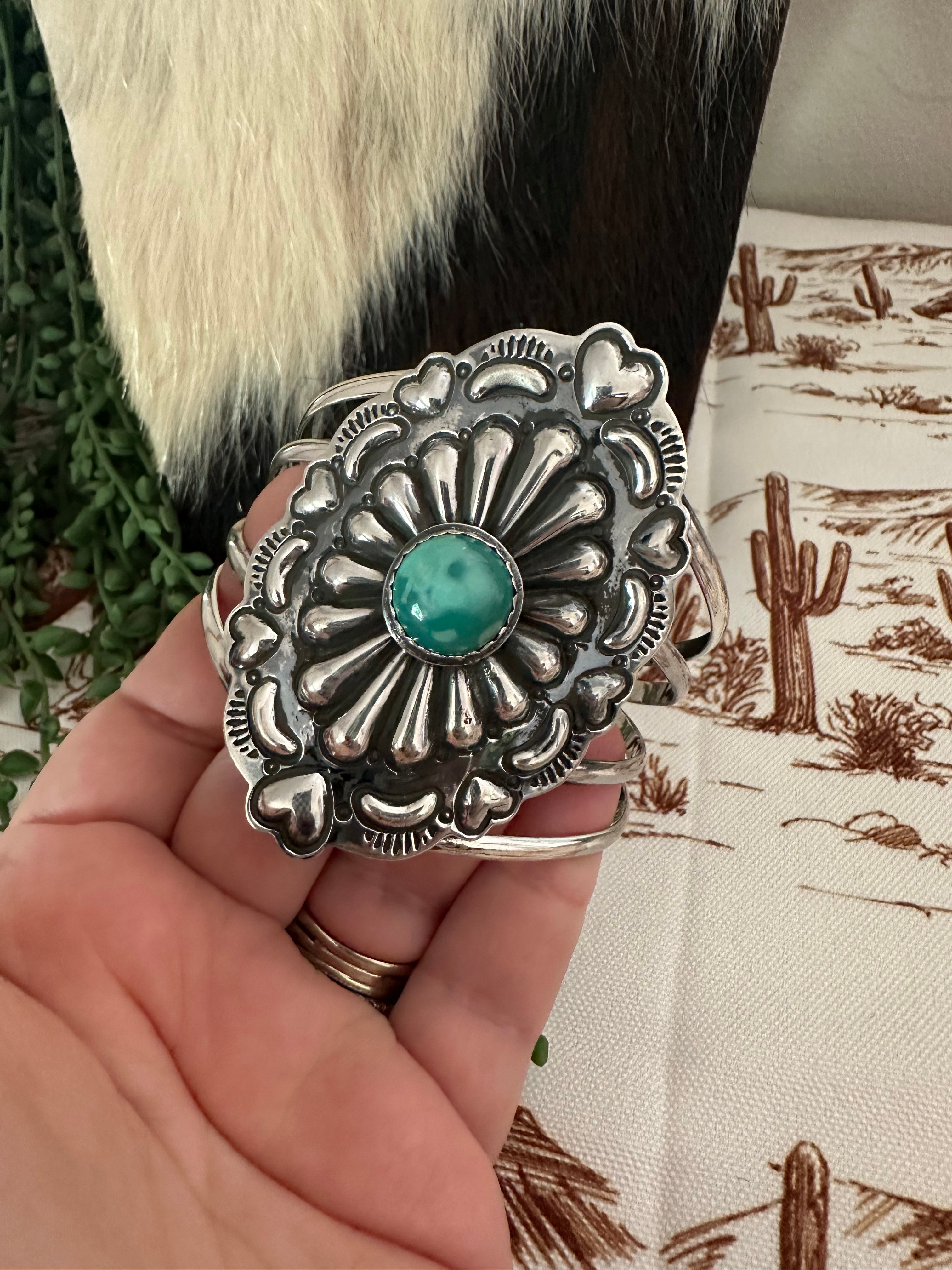 Handmade Sterling Silver & Turquoise Adjustable Concho Cuff Bracelet