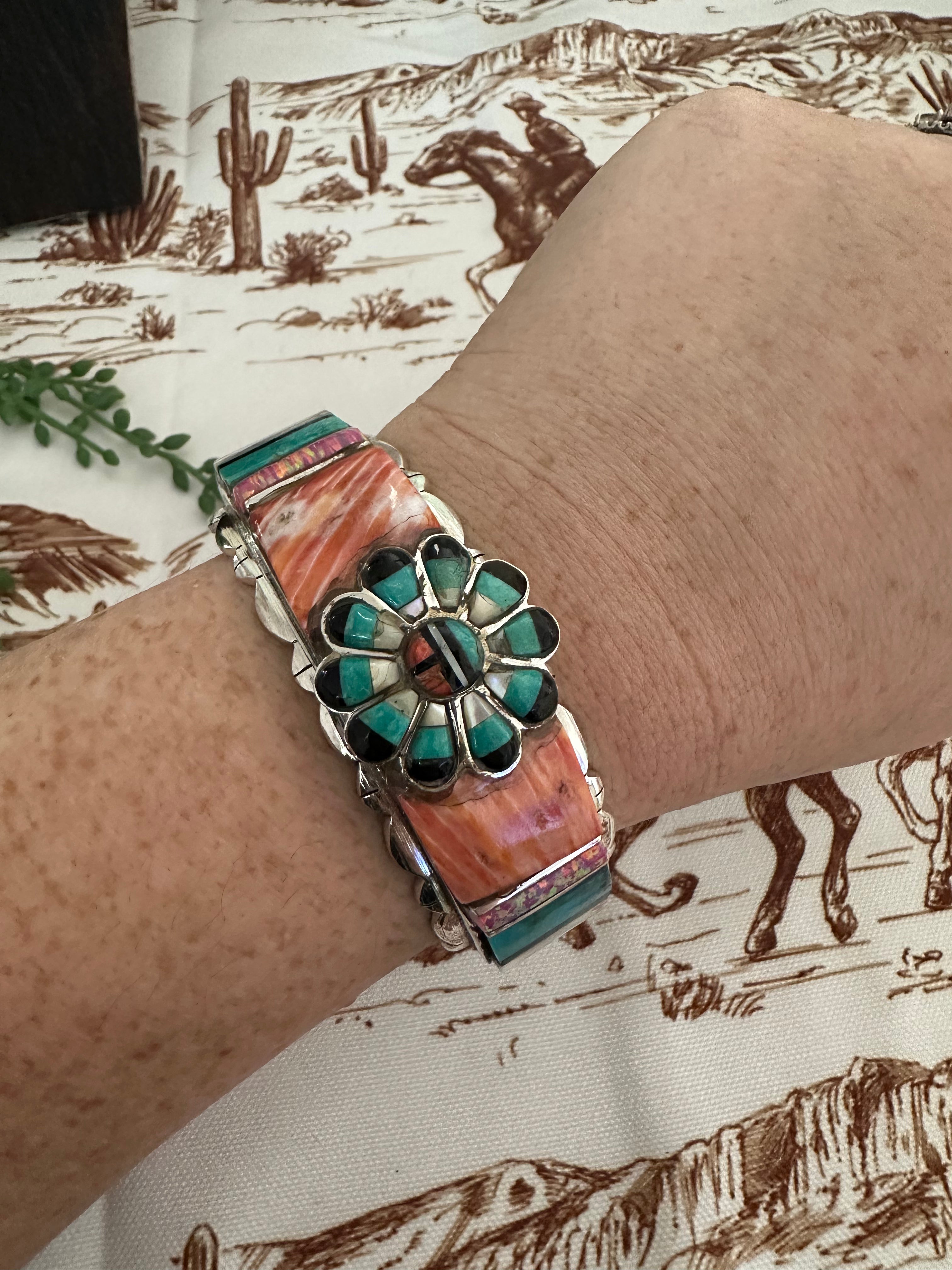 Handmade Sterling Silver Multi Stone Inlay Cuff Bracelet