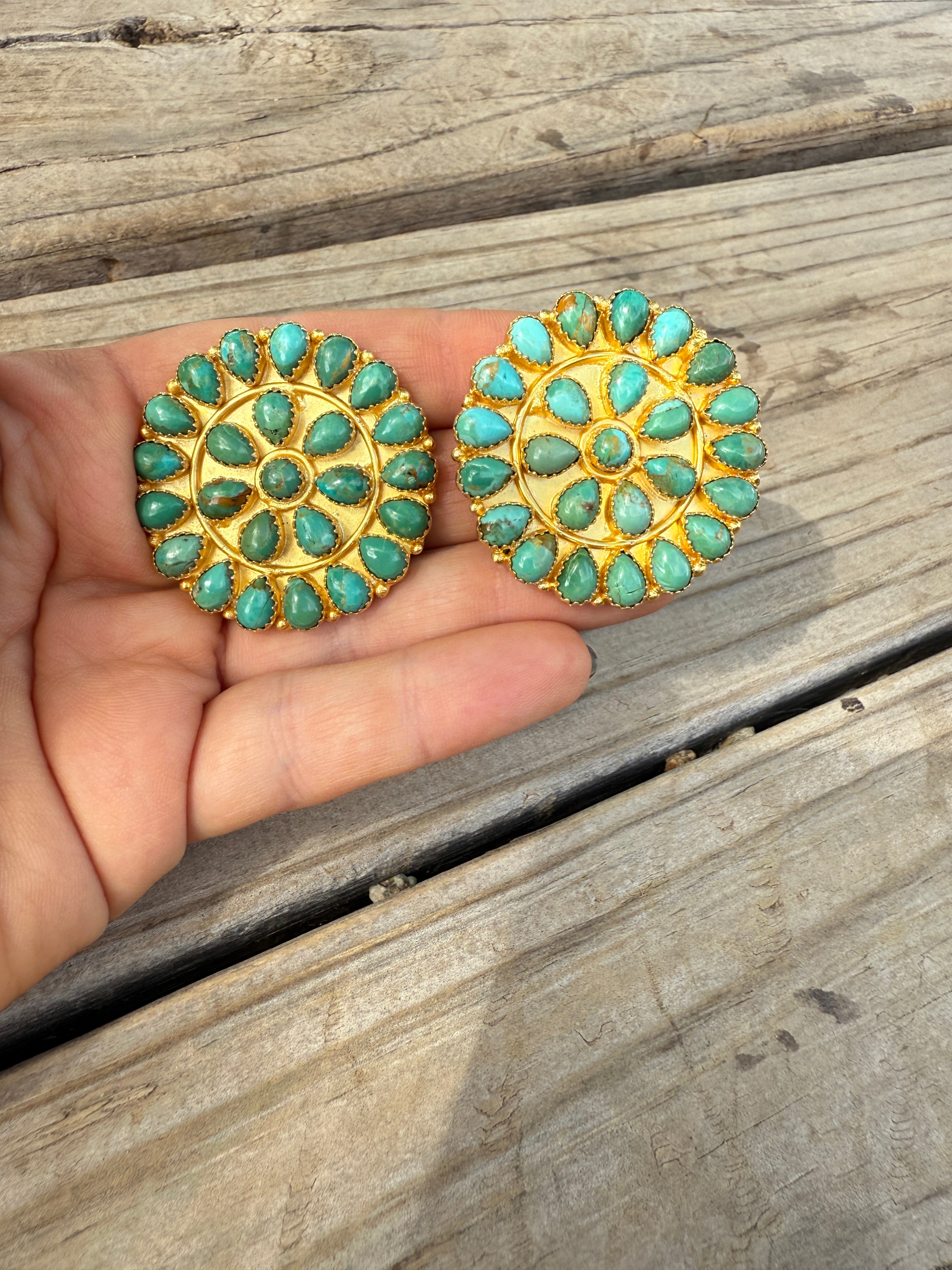 “The Golden Collection” Handmade Natural Kingman Turquoise Gold Plated Sterling Silver Cluster Post Earrings