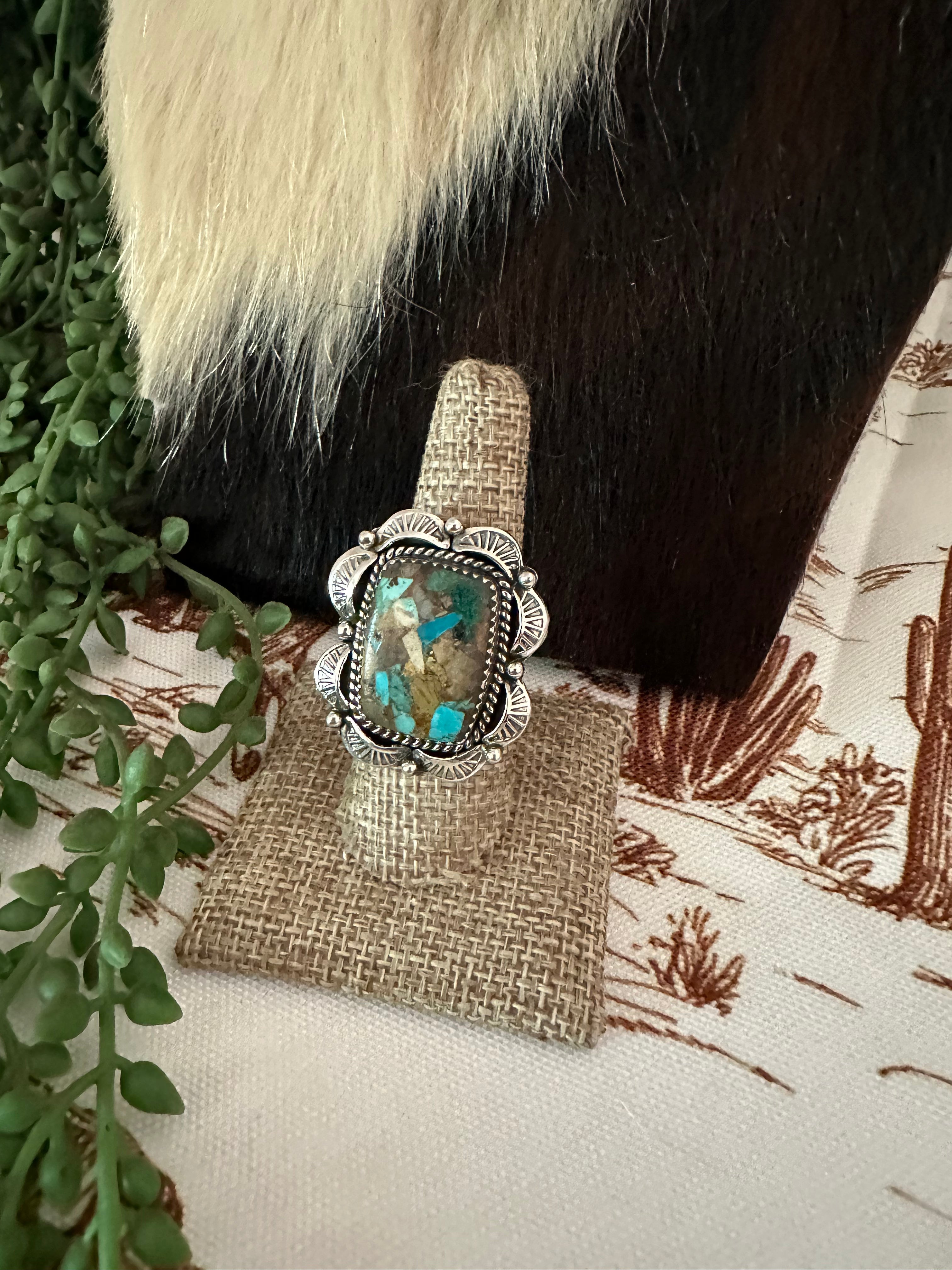 Handmade Sterling Silver & Natural Royston Turquoise Adjustable Ring Signed Nizhoni