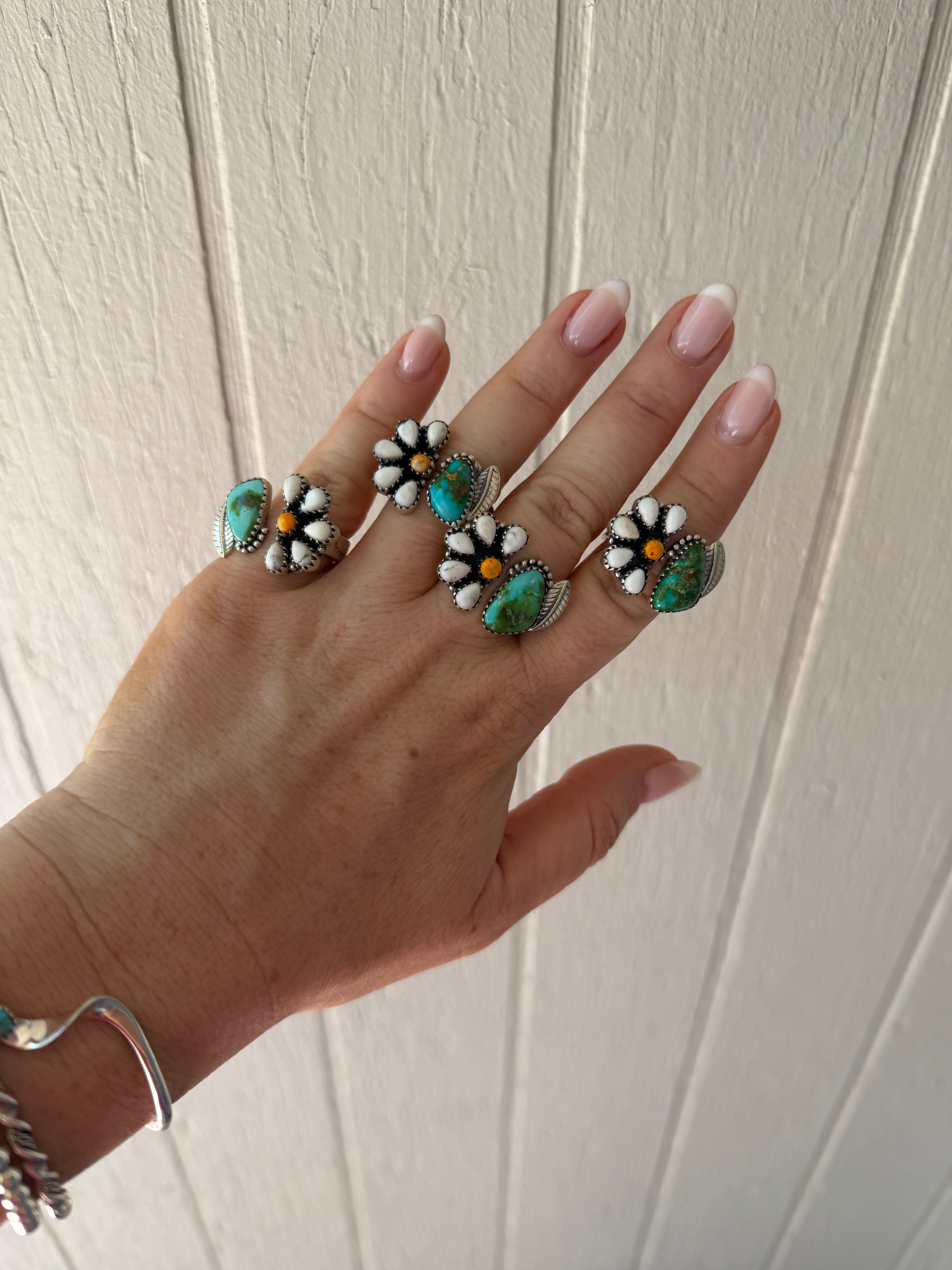 Handmade Sterling Silver Spring Collection: Bumble Bee with Sonoran and White Buffalo Adjustable Ring "Signed Nizhoni" DAISY