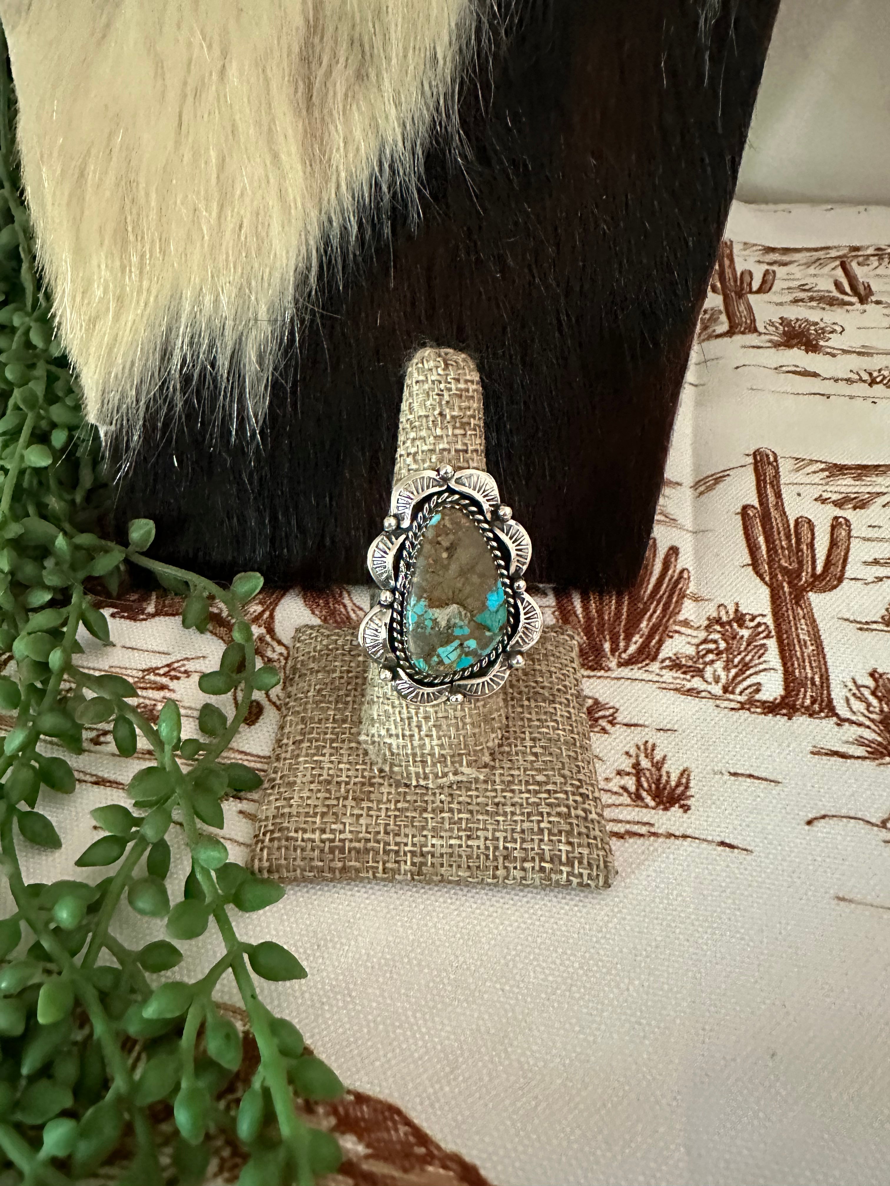 Handmade Sterling Silver & Natural Royston Turquoise Adjustable Ring Signed Nizhoni