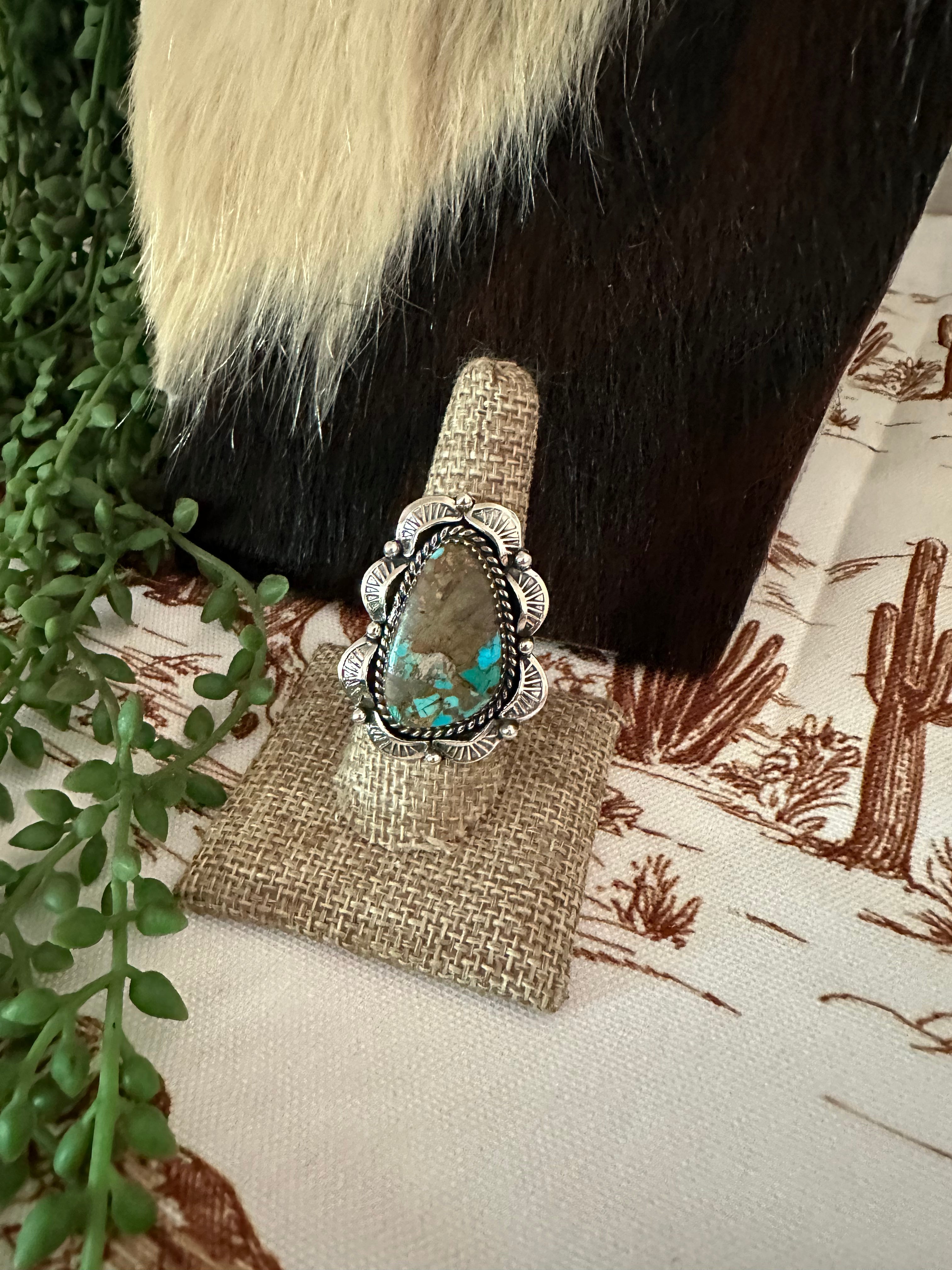 Handmade Sterling Silver & Natural Royston Turquoise Adjustable Ring Signed Nizhoni