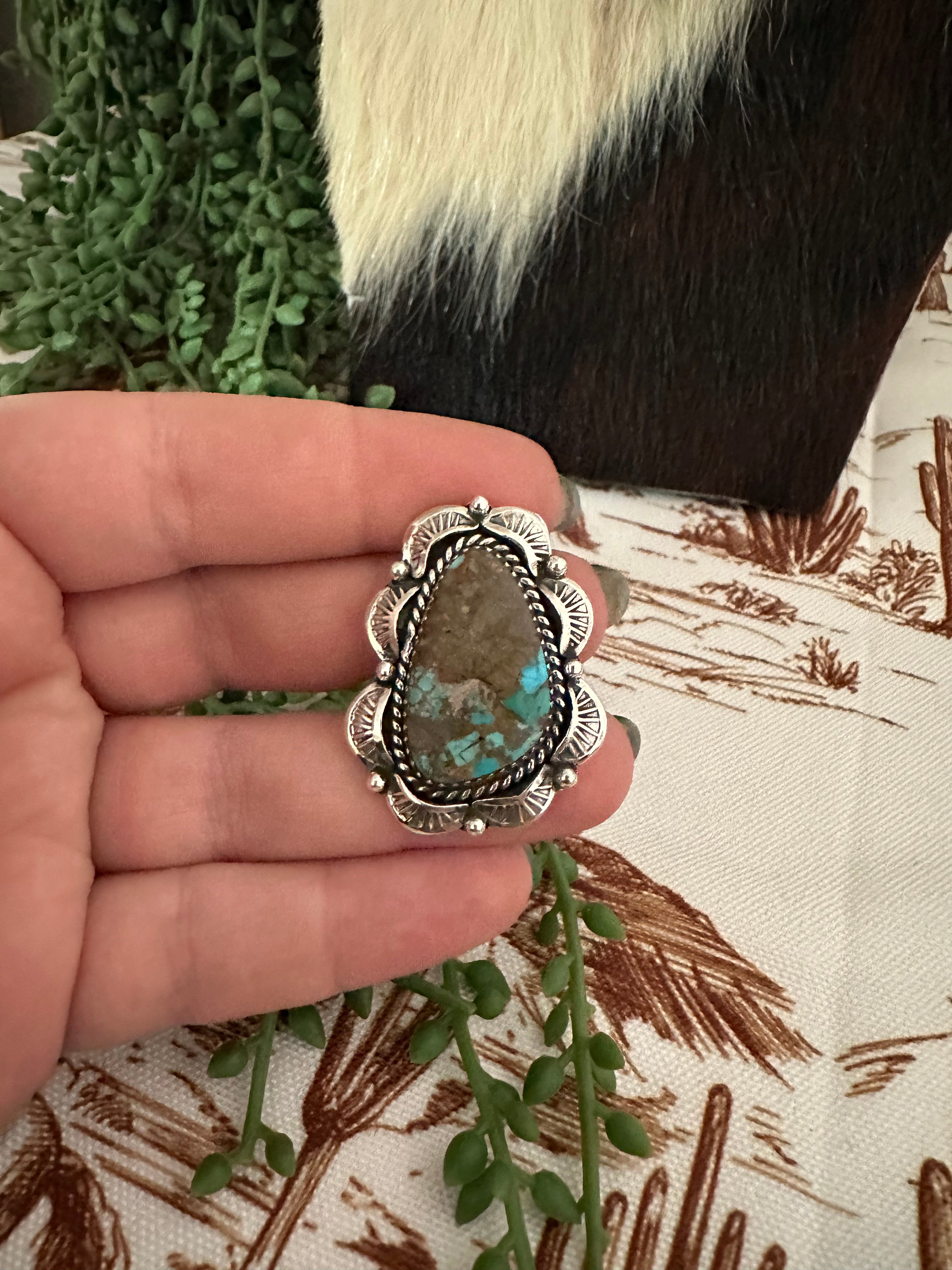 Handmade Sterling Silver & Natural Royston Turquoise Adjustable Ring Signed Nizhoni