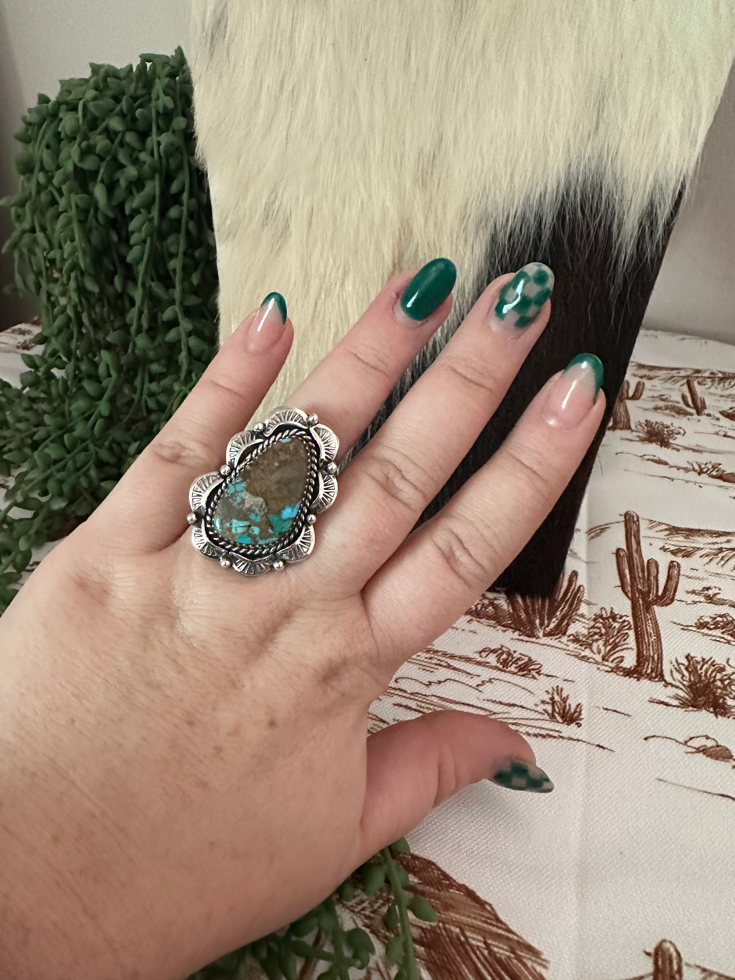 Handmade Sterling Silver & Natural Royston Turquoise Adjustable Ring Signed Nizhoni