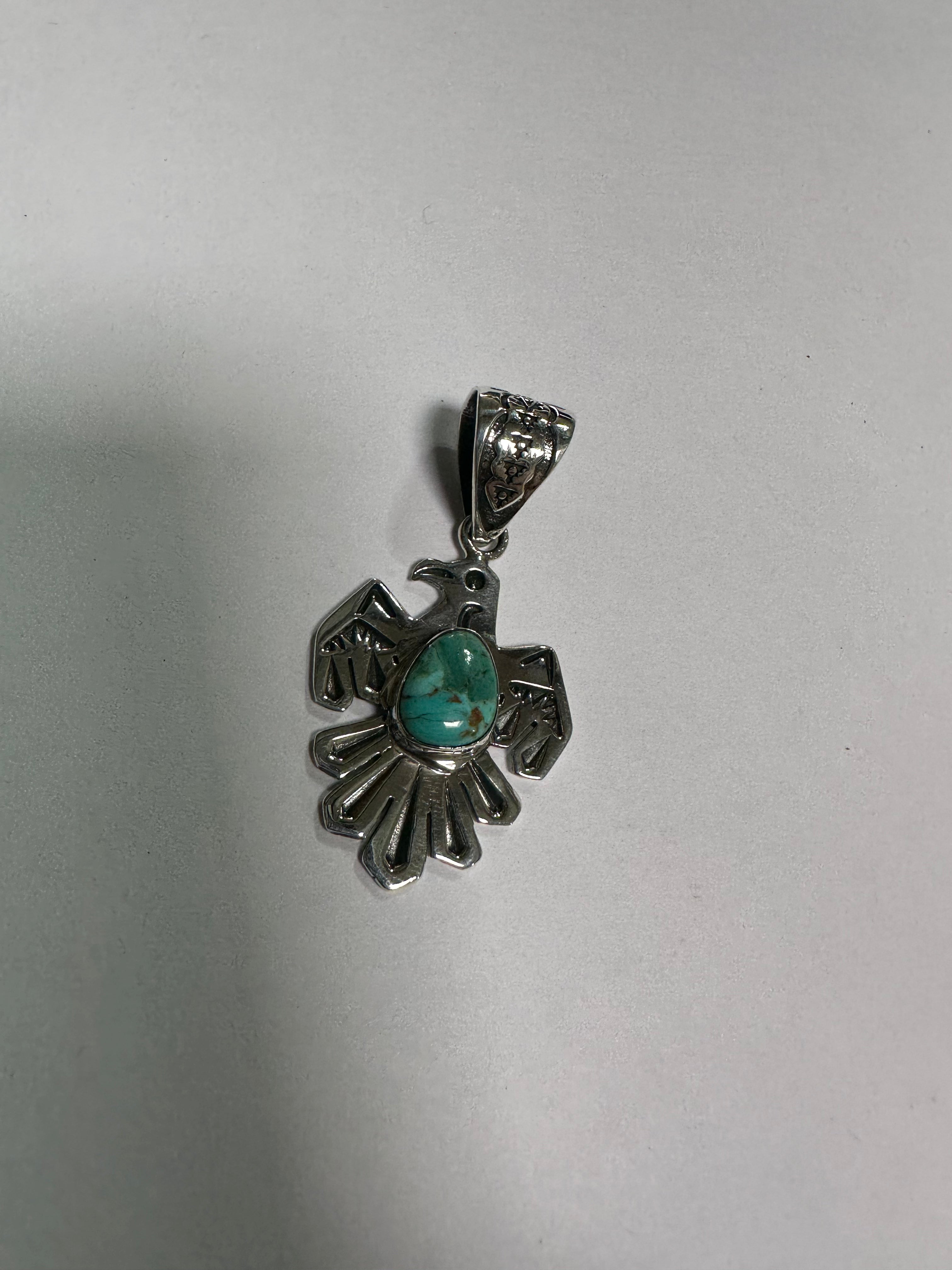 Handmade Sterling Silver & Number 8 Turquoise Thunderbird Pendant Signed Nizhoni