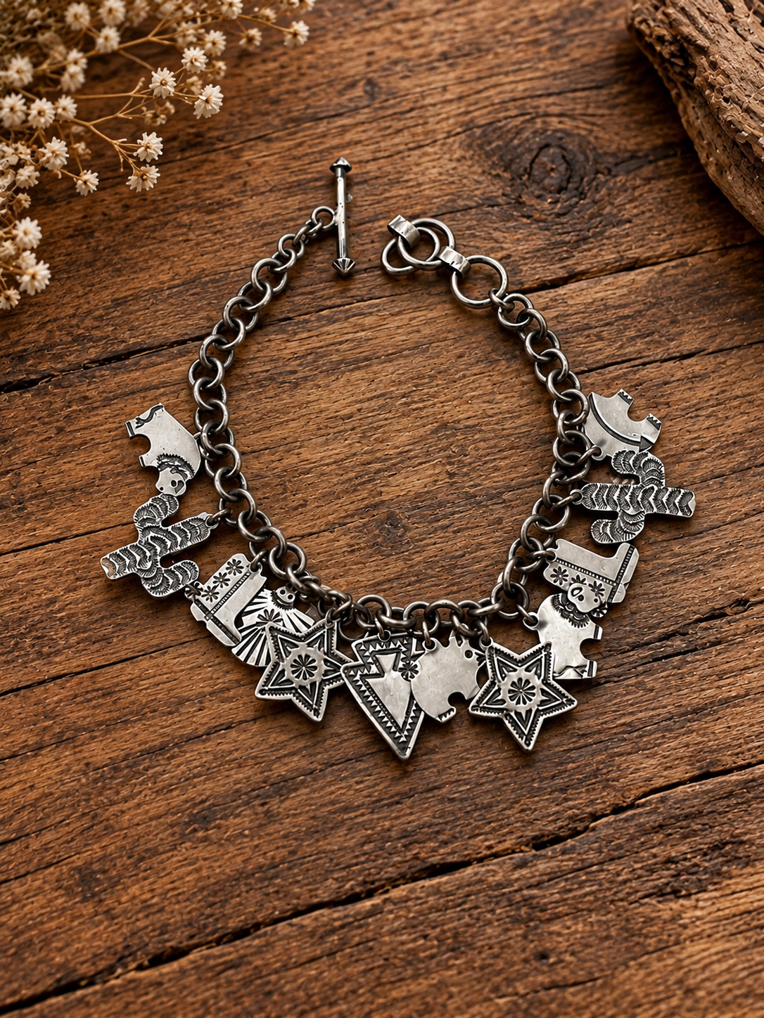 Darrell Cadman Sterling Silver Charms Bracelet 10”Signed