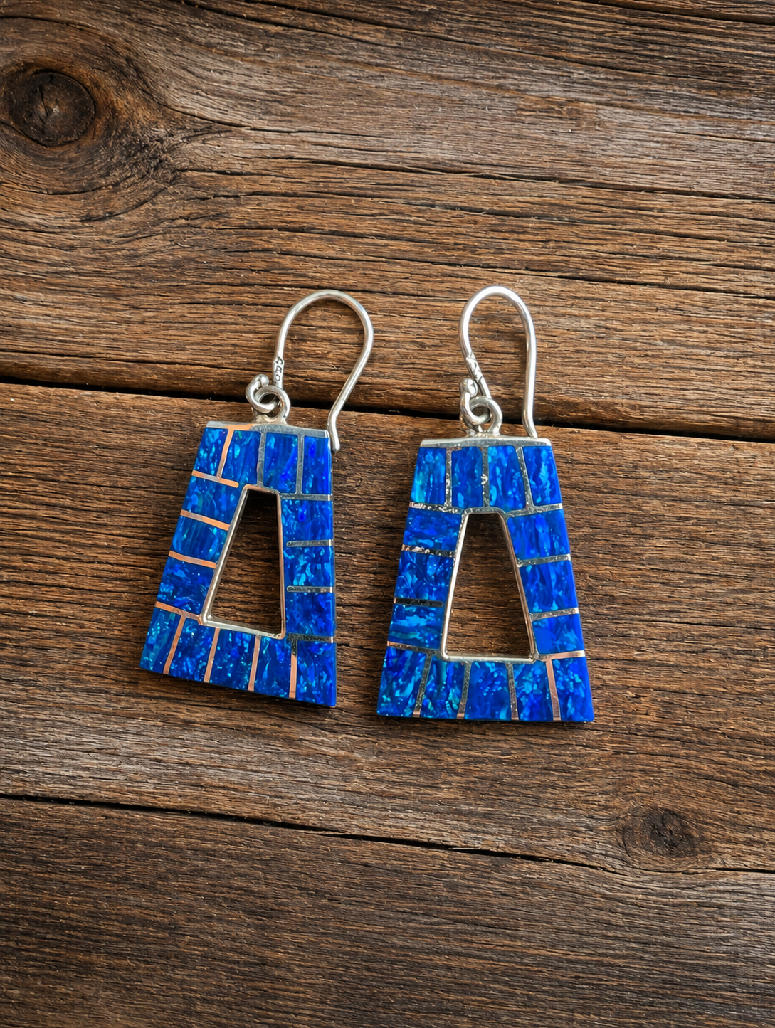 Mosaic Lapis Inlay Trapezoid Shaped Geometric Sterling Silver Dangle Earrings