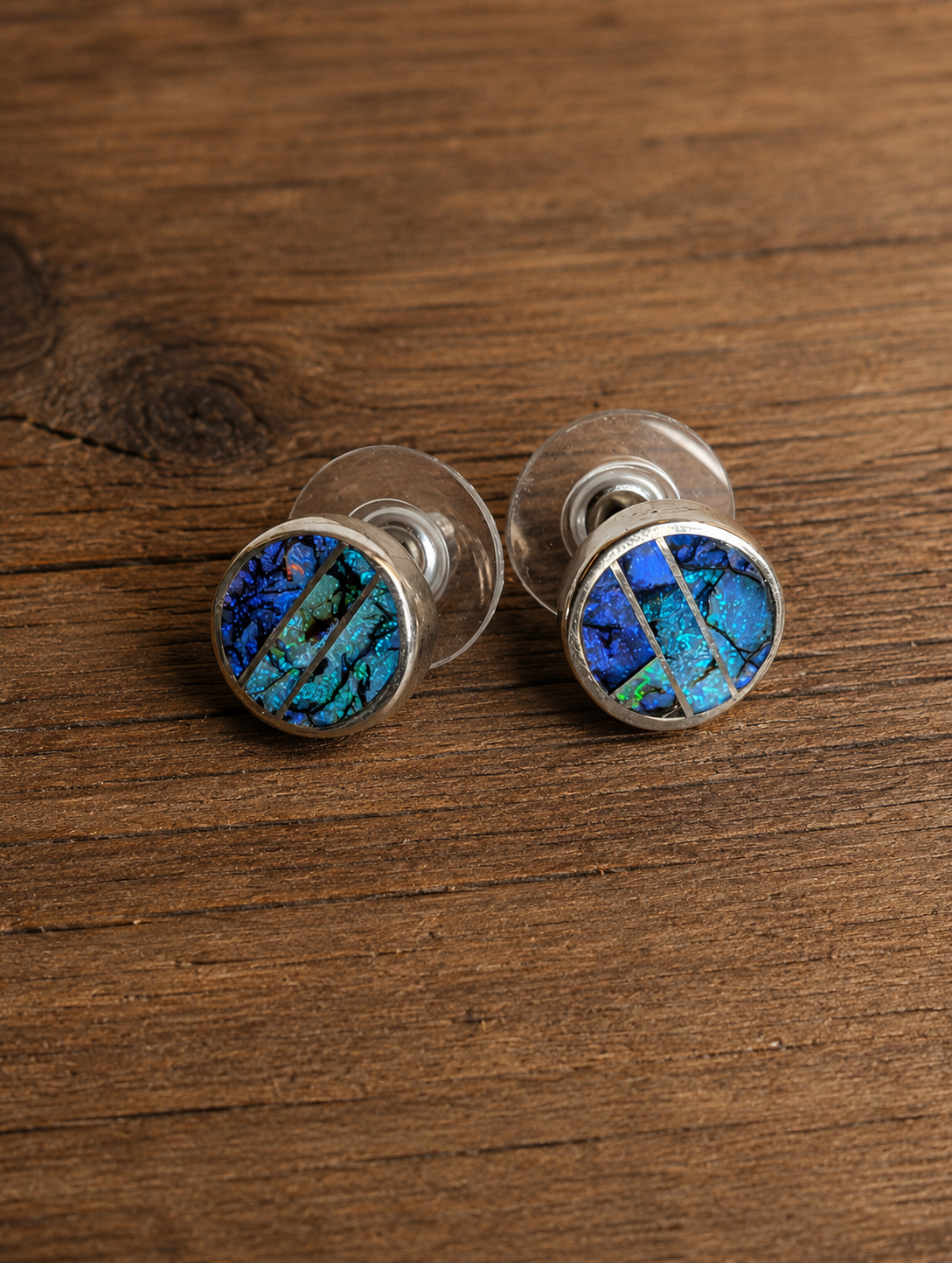 Mosaic Turquoise Lapis Inlay Sterling Silver Stud Earrings