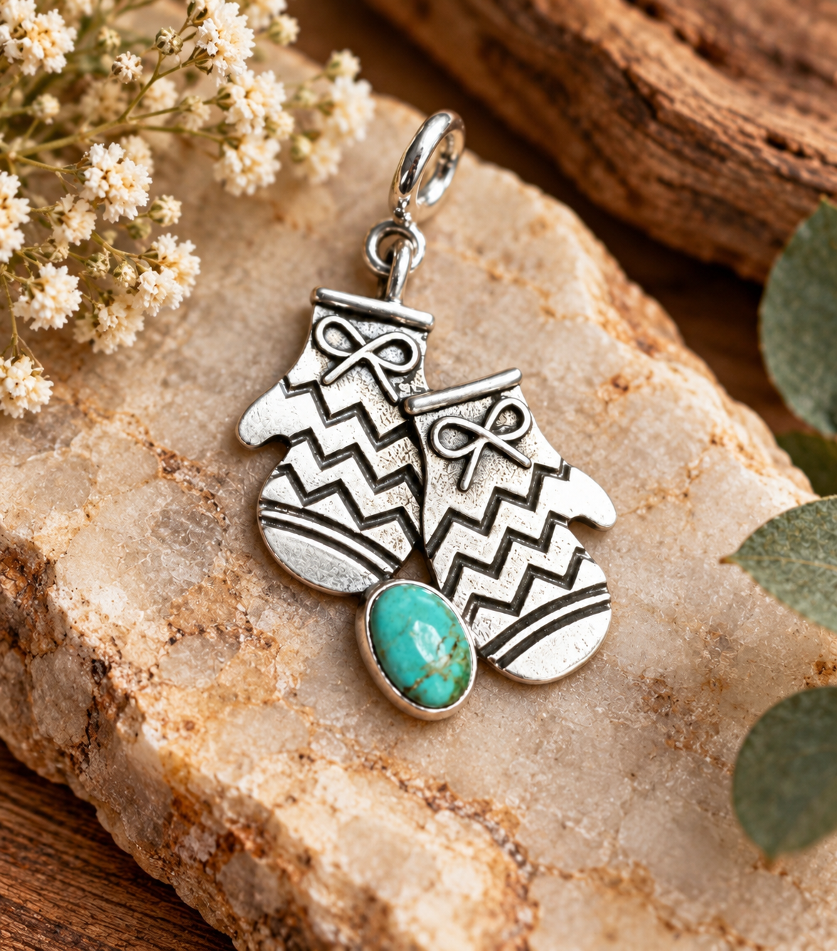 Handmade Sterling Silver and Turquoise MITTENS/ Gloves Charm
