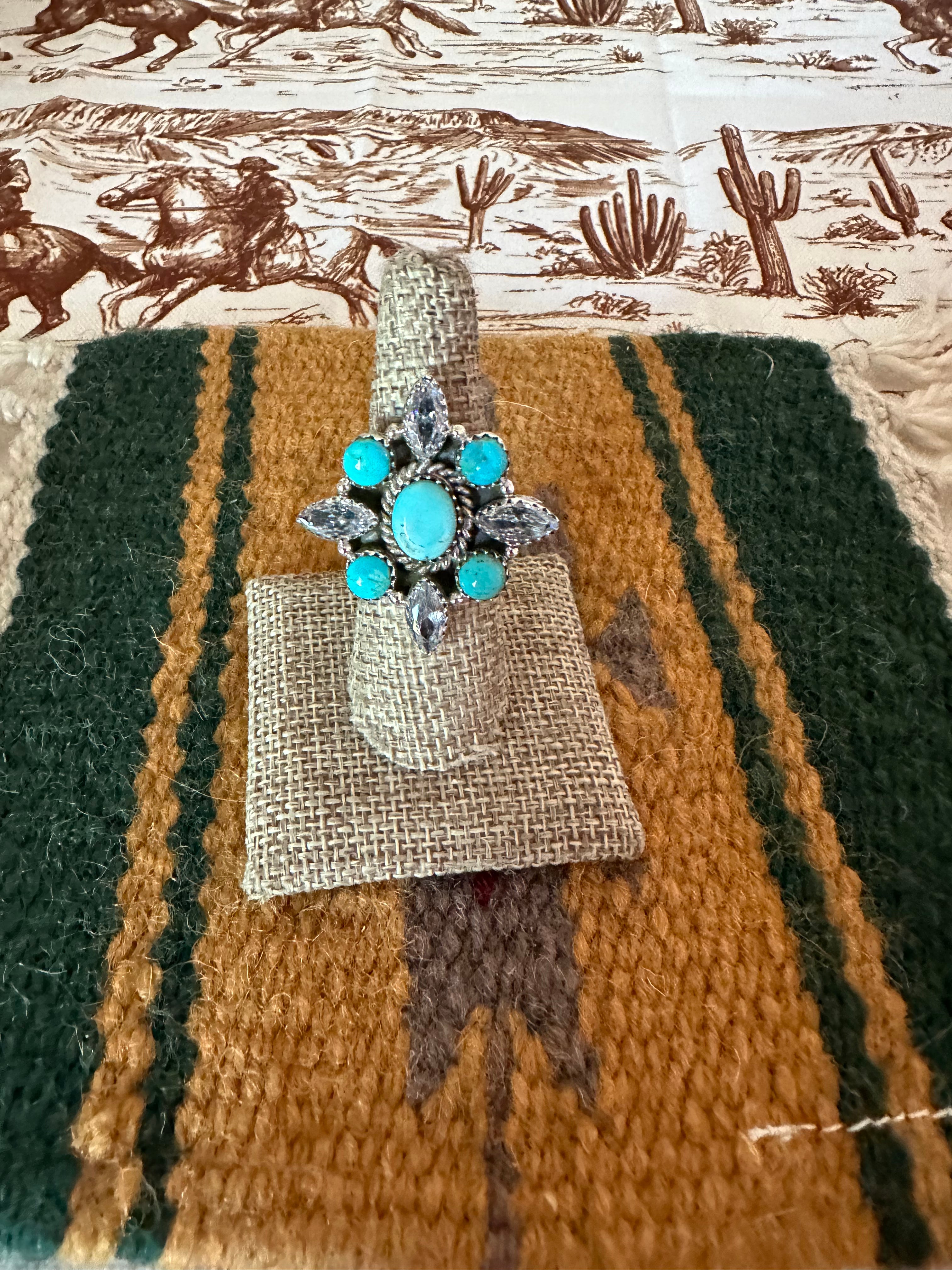 Handmade Sterling Silver, Cz & Turquoise Adjustable Ring Signed Nizhoni