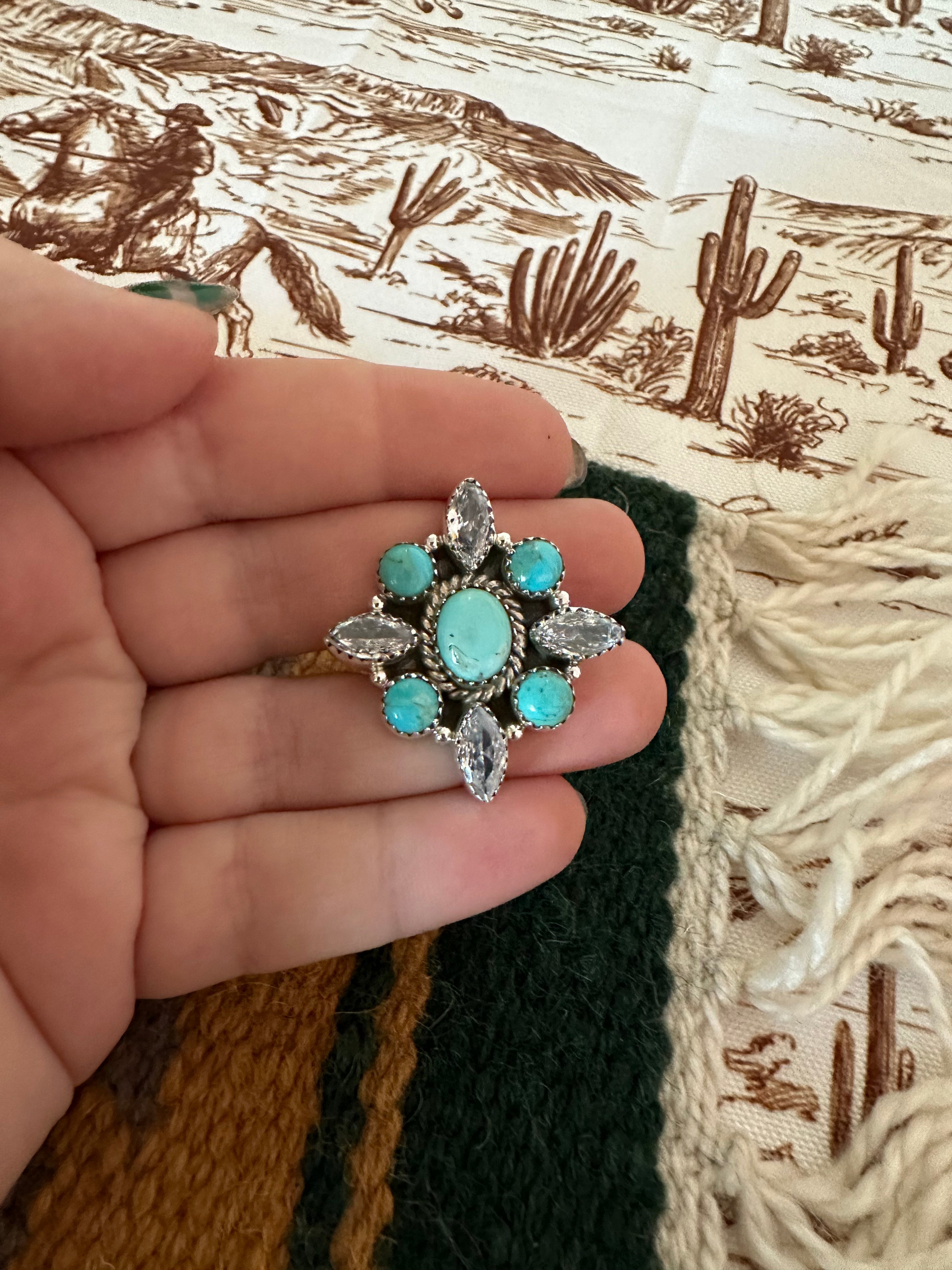 Handmade Sterling Silver, Cz & Turquoise Adjustable Ring Signed Nizhoni