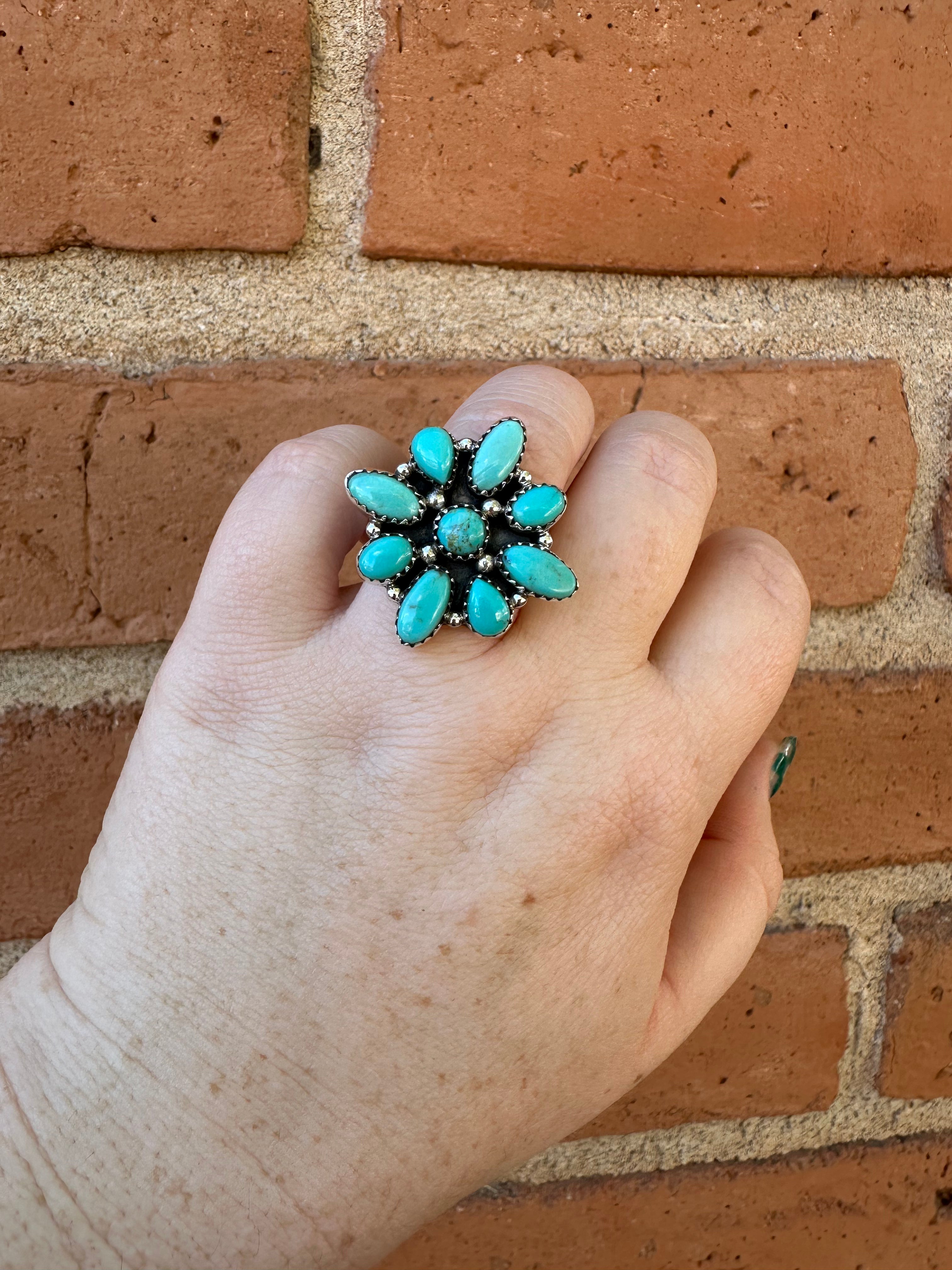 “Floral Whisper” Handmade Sterling Silver & Turquoise Adjustable Ring Signed Nizhon