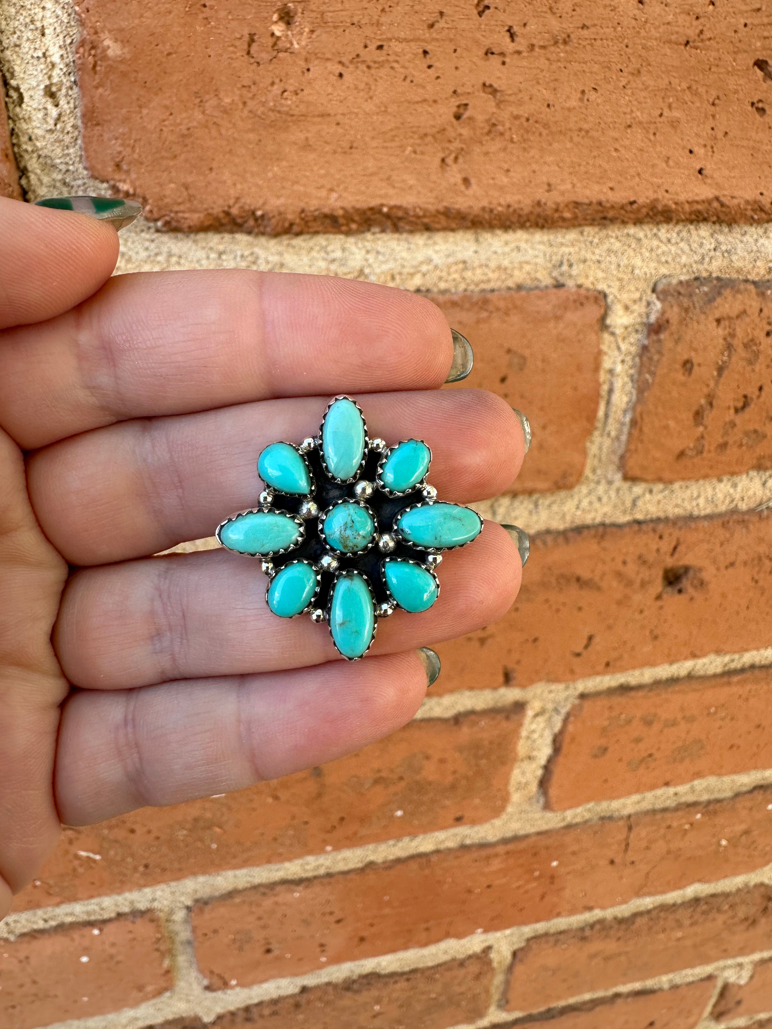 “Floral Whisper” Handmade Sterling Silver & Turquoise Adjustable Ring Signed Nizhon